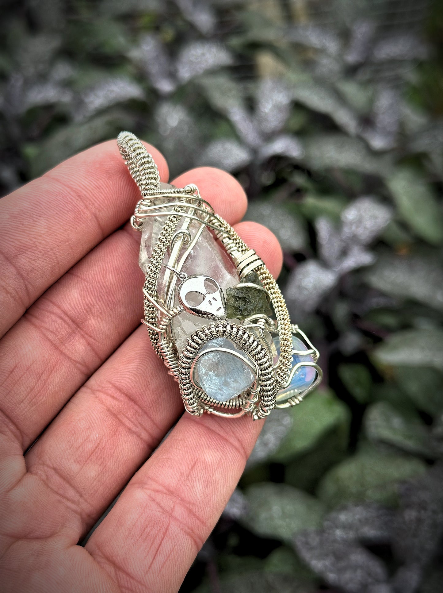 Alien 👽 Frequencies 📡 The Outer Realm: Moldavite, Opal, Blue Calcite, Clear Quartz 100% .925 Sterling Silver Pendant