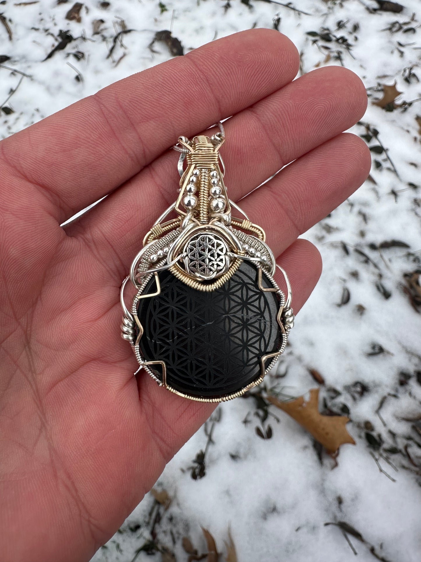 Shungite Flower of Life Sterling Silver & Gold Pendant