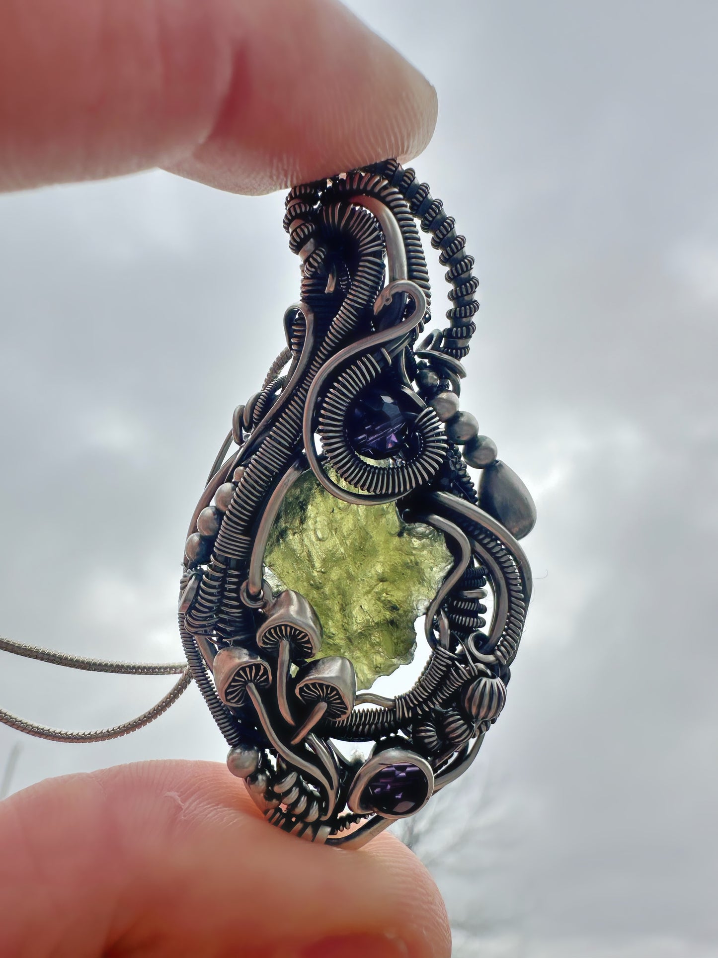 Inner Vision Moldavite, Amethyst & Black Tourmaline Pendant