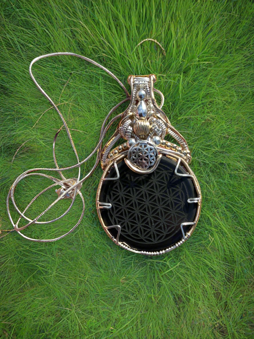 Shungite Flower of Life Silver & Gold Pendant