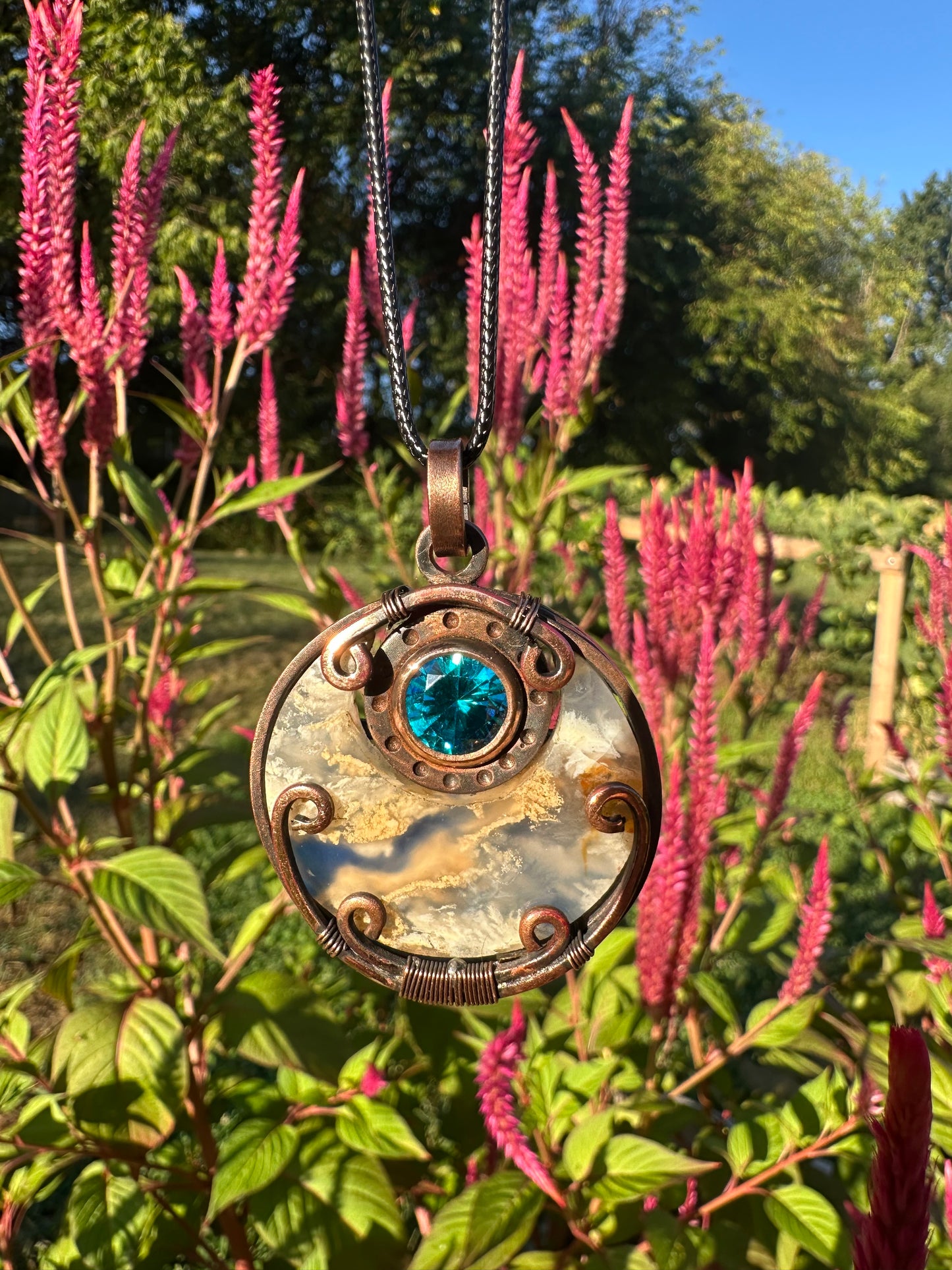 Stratosphere Whispers: Topaz & Plume Agate Doublet Pendant