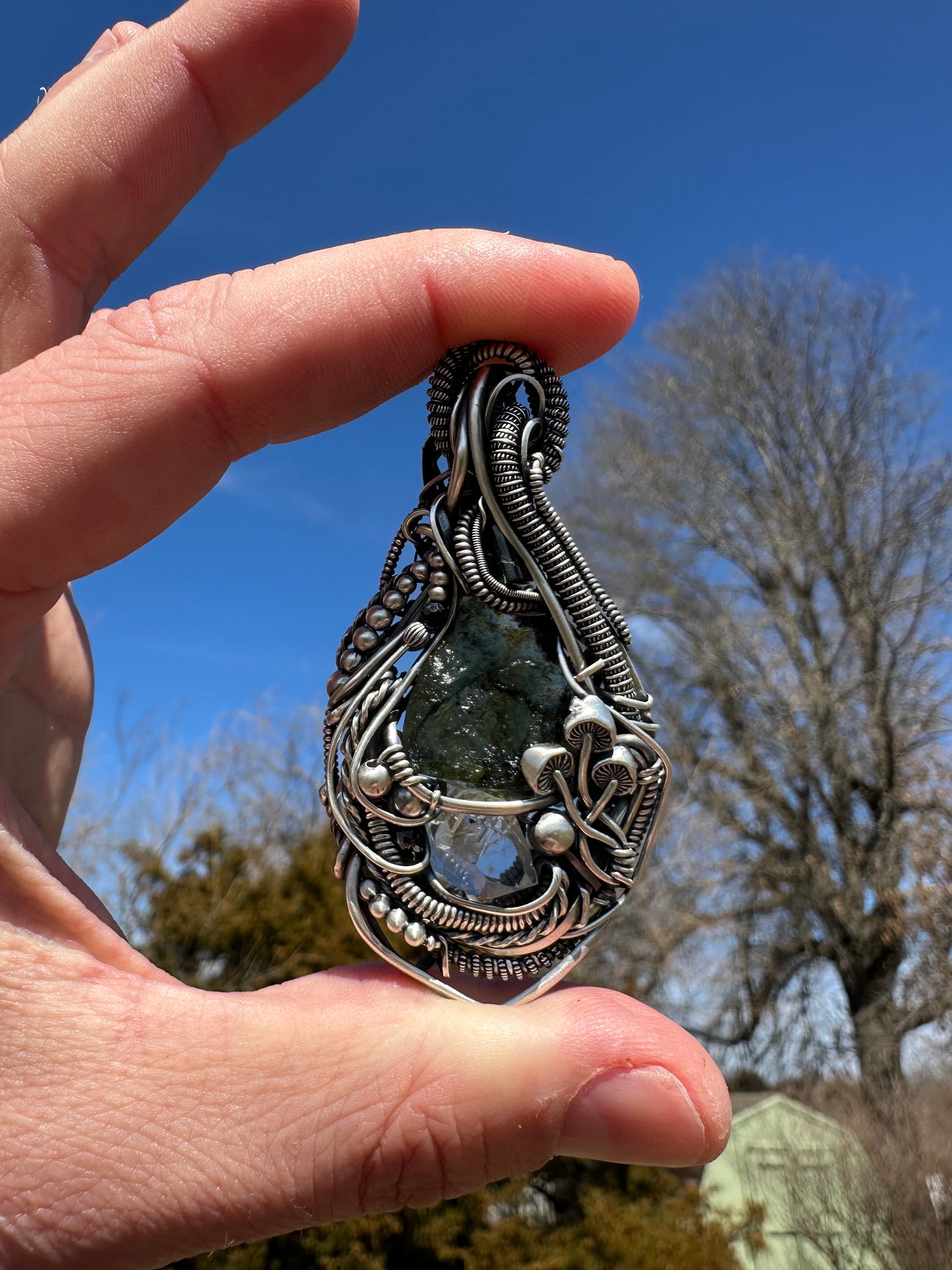 Inner Vision Moldavite, Green Tourmaline & Herkimer Diamond Quartz Pendant in Sterling Silver