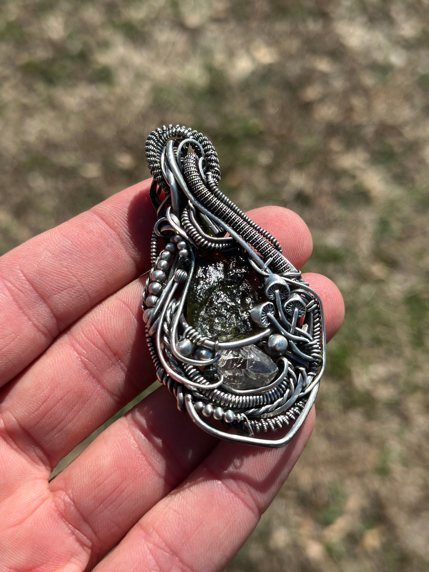 Inner Vision Moldavite, Green Tourmaline & Herkimer Diamond Quartz Pendant in Sterling Silver