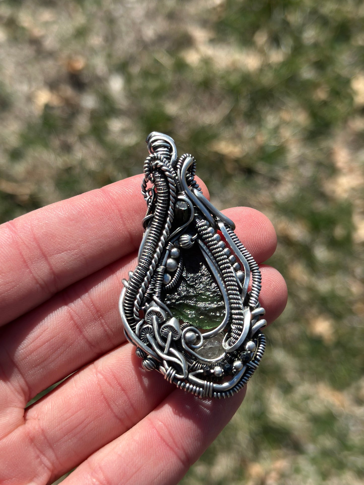 Inner Vision Moldavite, Green Tourmaline, Herkimer Diamond Quartz Pendant in Sterling Silver