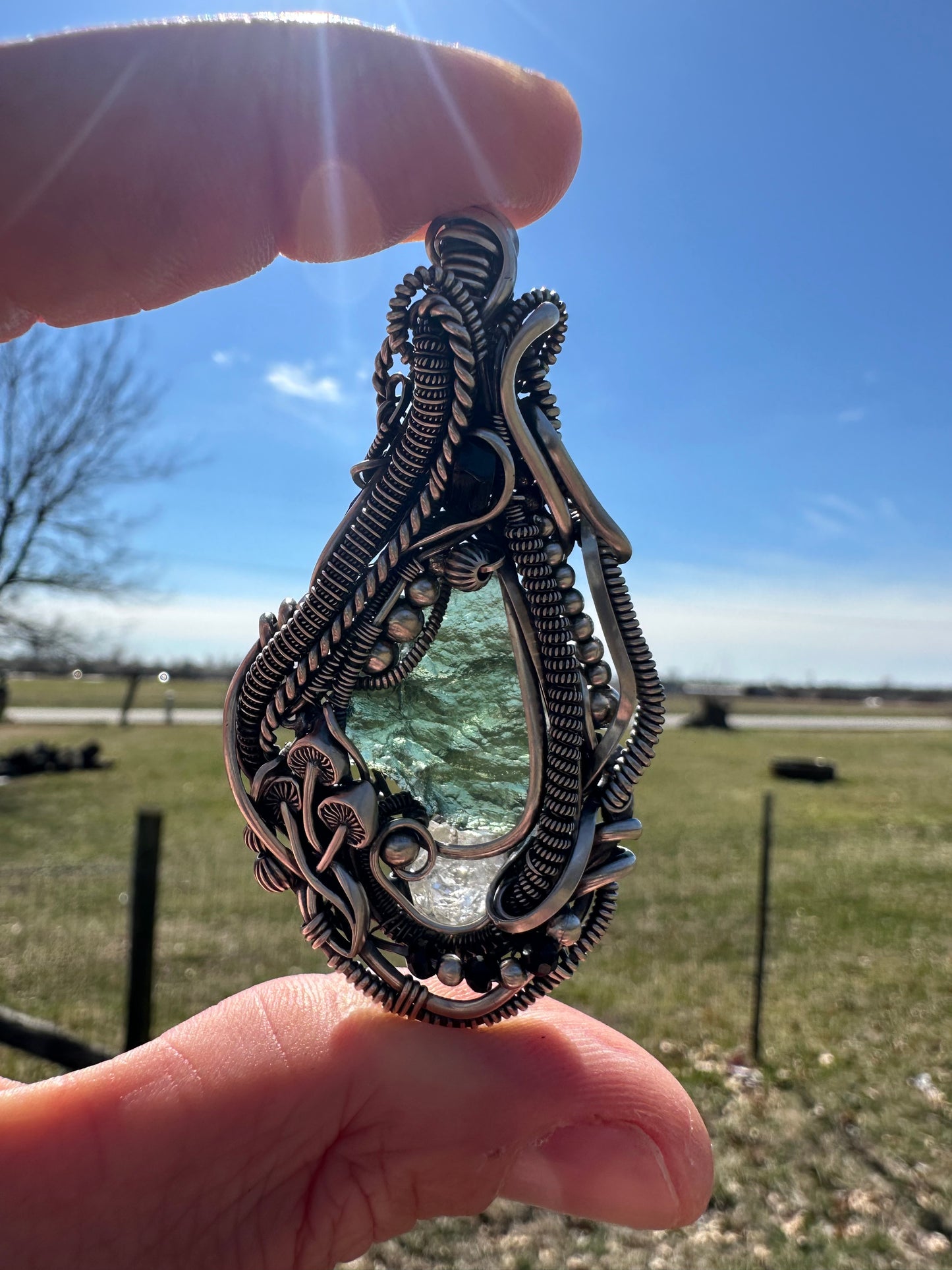 Inner Vision Moldavite, Green Tourmaline, Herkimer Diamond Quartz Pendant in Sterling Silver