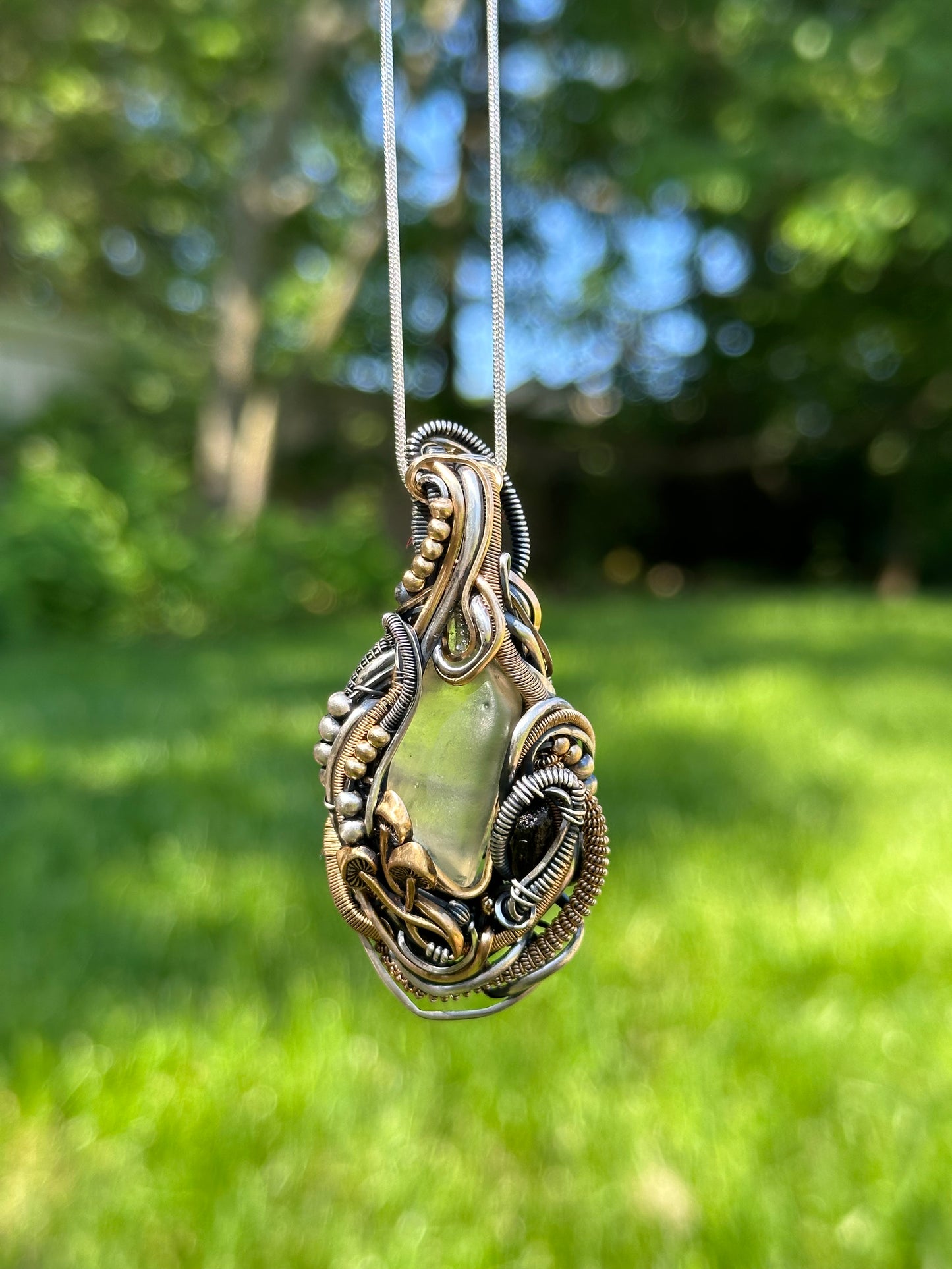 Moldavite, Libyan Desert Glass Silver & Gold Pendant