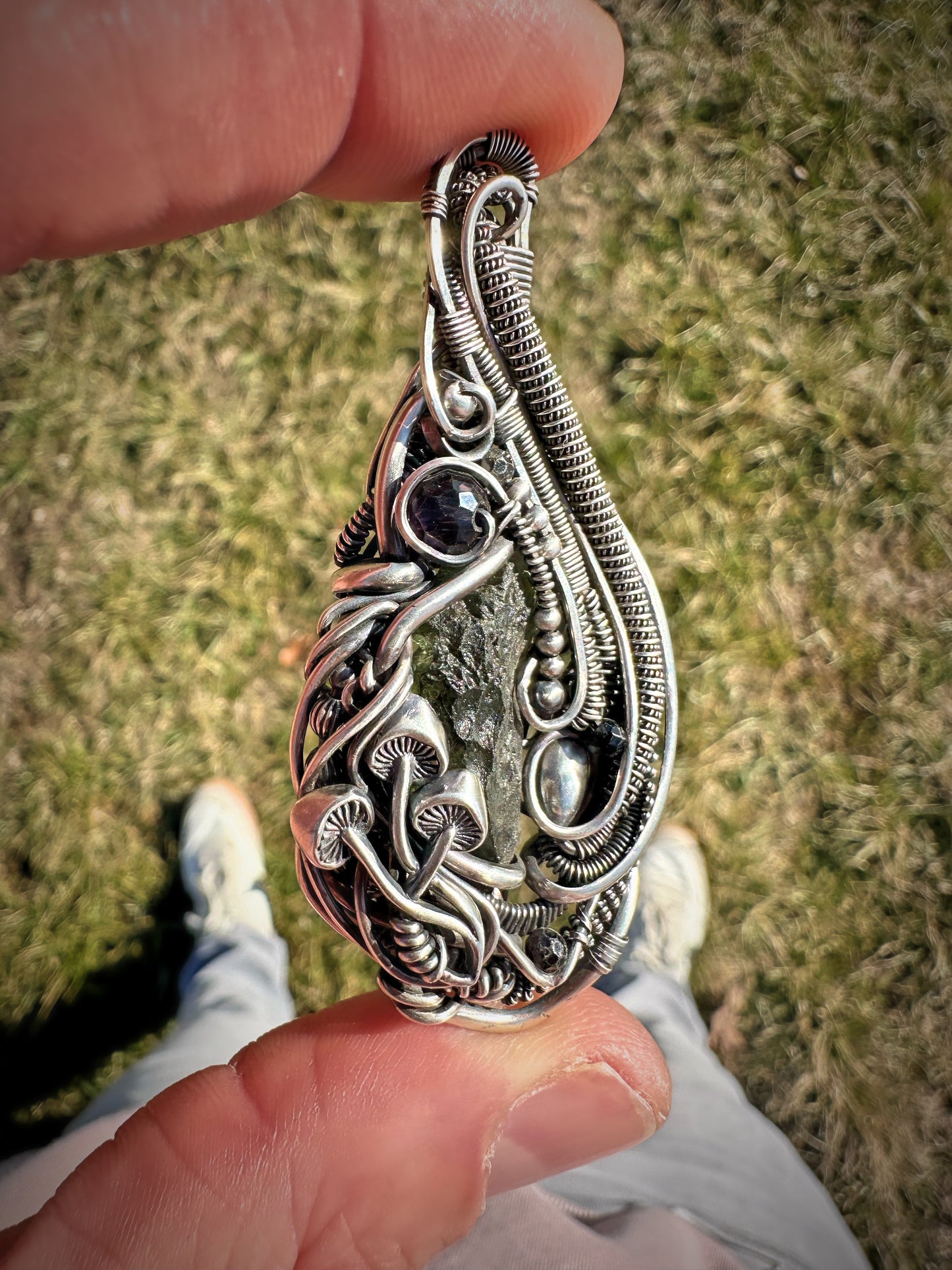 Inner Vision Moldavite, Amethyst & Black Tourmaline Pendant