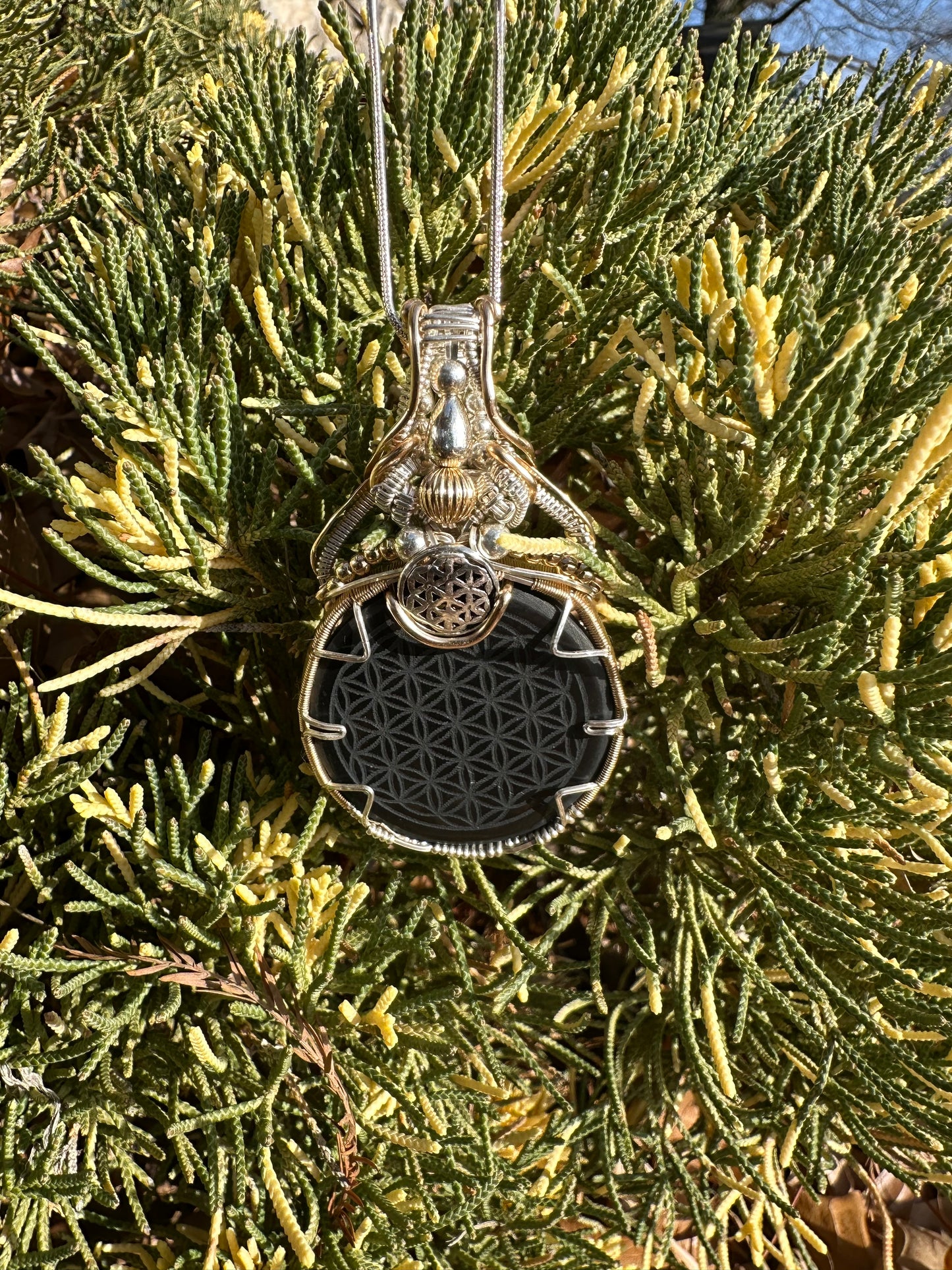 Shungite Flower of Life Silver & Gold Pendant