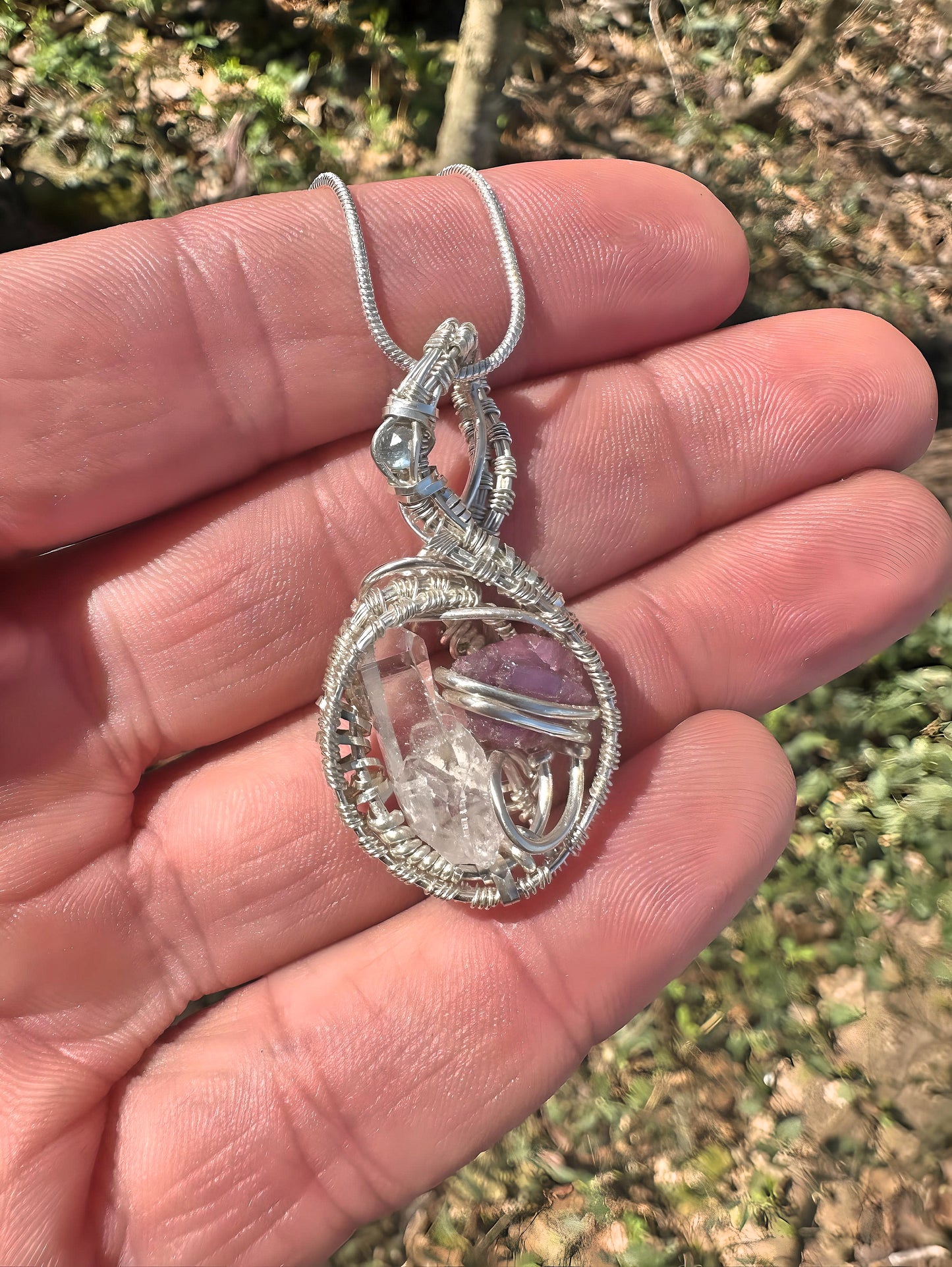 š LOVE š Quartz Diamond, Raw Amethyst & Topaz .925 Sterling Silver, Mini Pendant