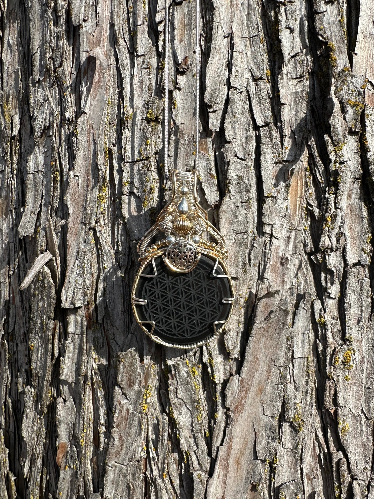 Shungite Flower of Life Silver & Gold Pendant