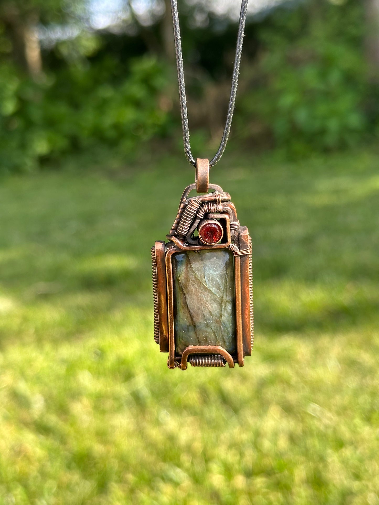 Labradorite & Red Garnet Pendant, Oxidized Copper Pendant