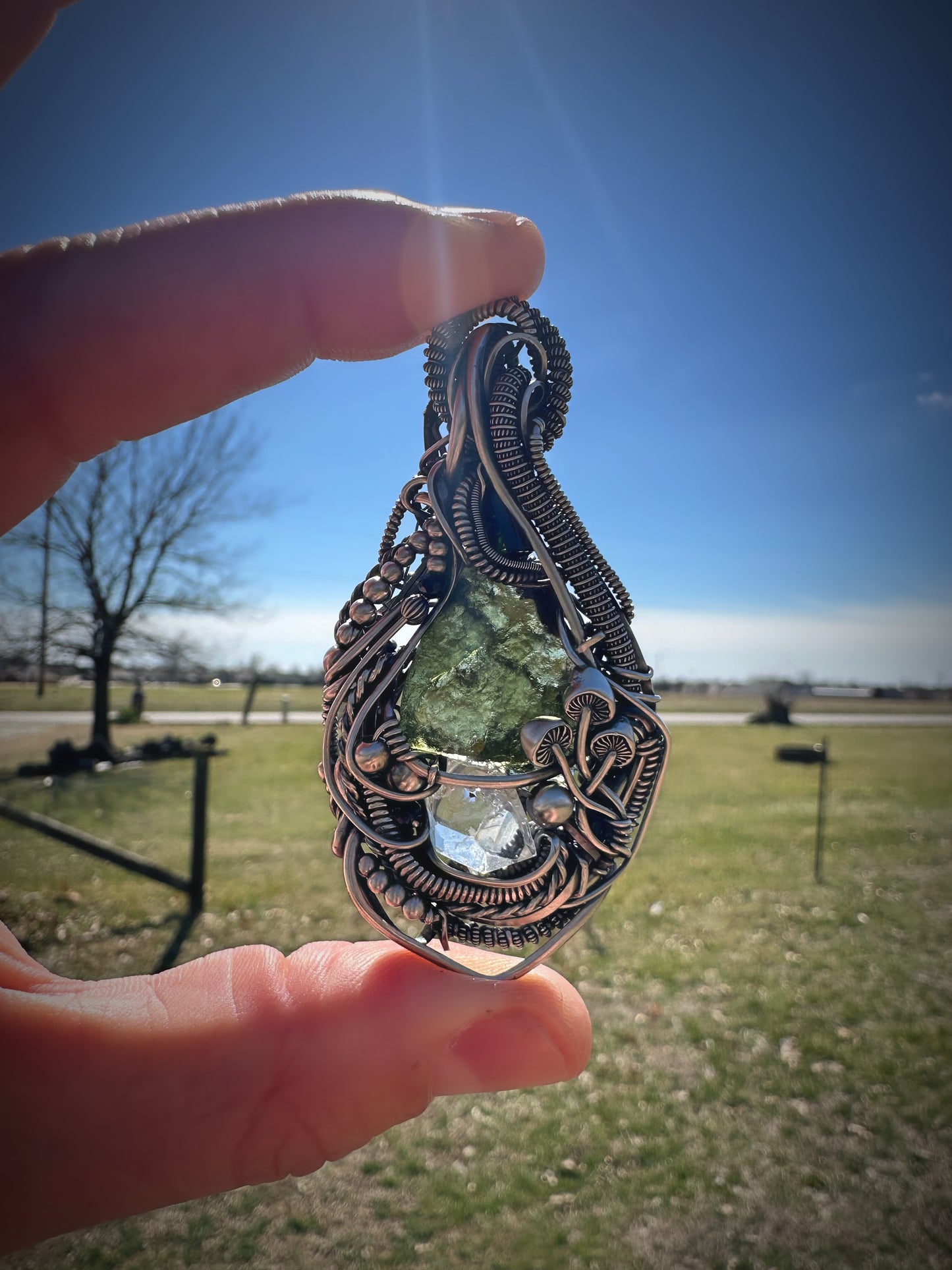Inner Vision Moldavite, Green Tourmaline & Herkimer Diamond Quartz Pendant in Sterling Silver