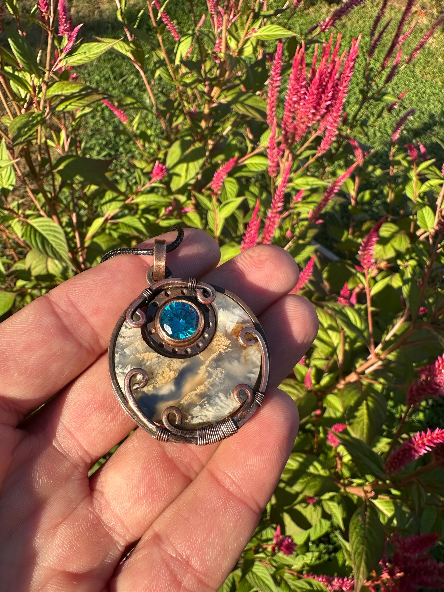 Stratosphere Whispers: Topaz & Plume Agate Doublet Pendant