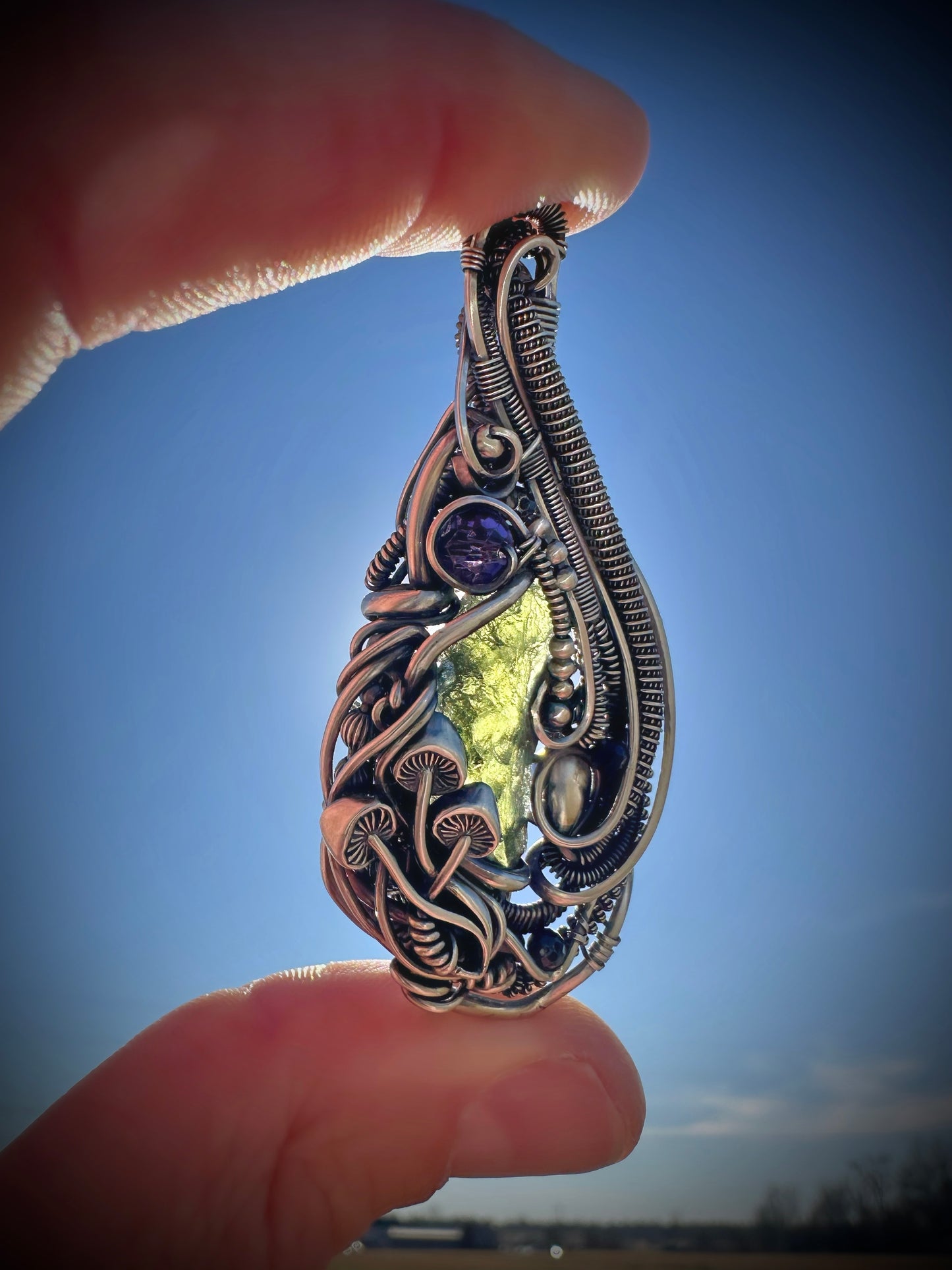 Inner Vision Moldavite, Amethyst & Black Tourmaline Pendant