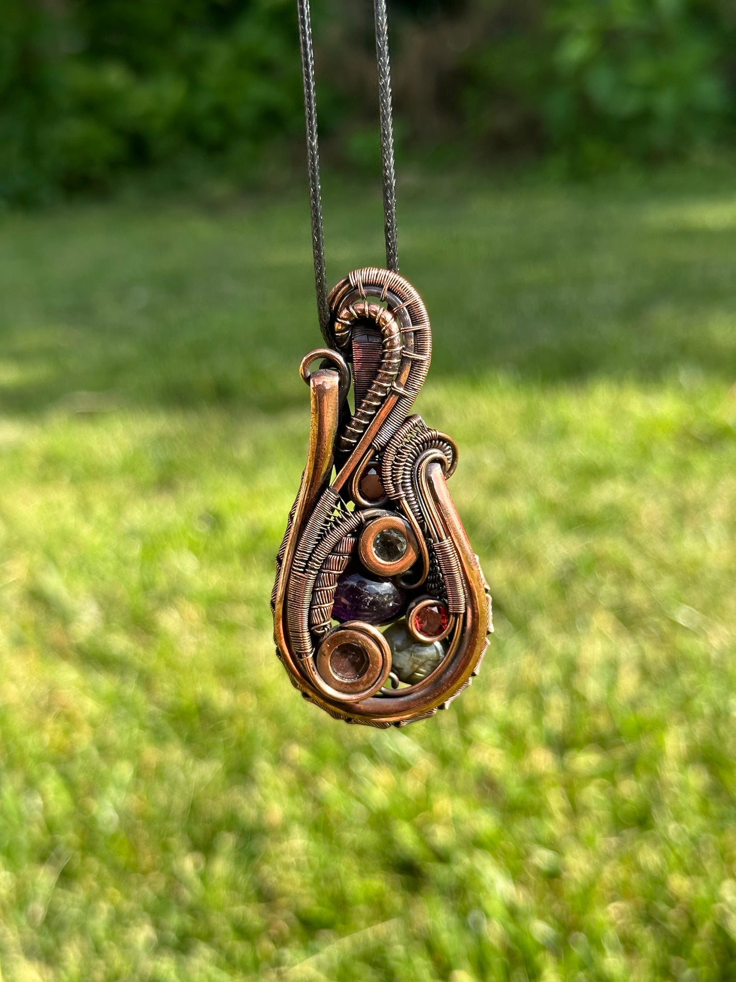 Celestial Courage Garnet, Labradorite, Amethyst, Zircon, and Clear Quartz Copper Pendant