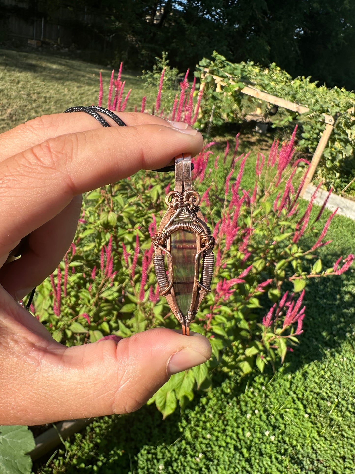 Rainbow Light Waterfall Fluorite & Copper Wire Wrapped Pendant