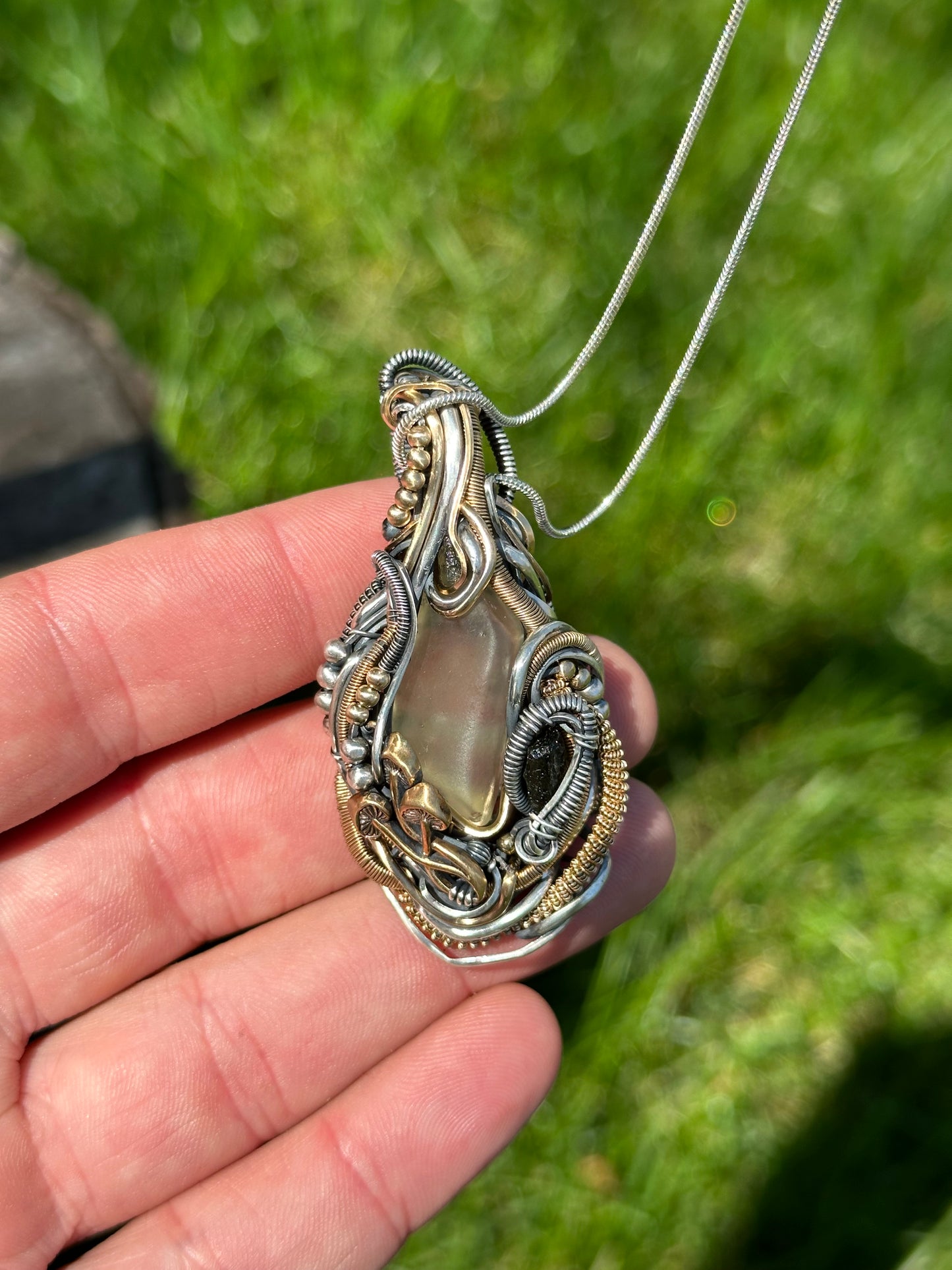 Moldavite, Libyan Desert Glass Silver & Gold Pendant