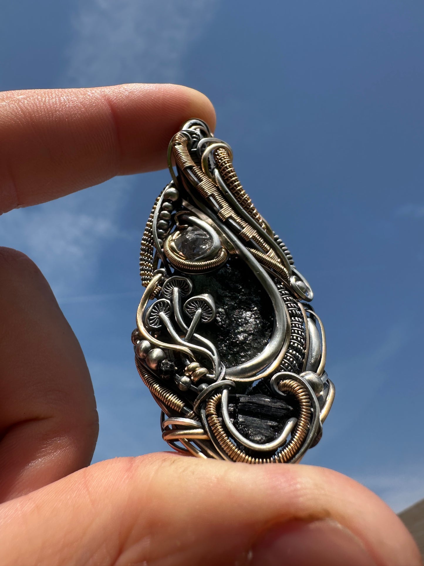 Connect & Protect 🙌✨👽 ✨🙌Moldavite, Herkimer Diamond, Black Tourmaline 🪬 Talisman Pendant .925 Silver & 14k Gold Fill