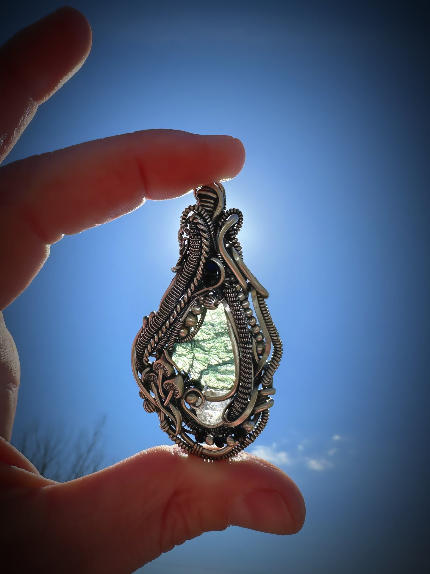 Inner Vision Moldavite, Green Tourmaline, Herkimer Diamond Quartz Pendant in Sterling Silver