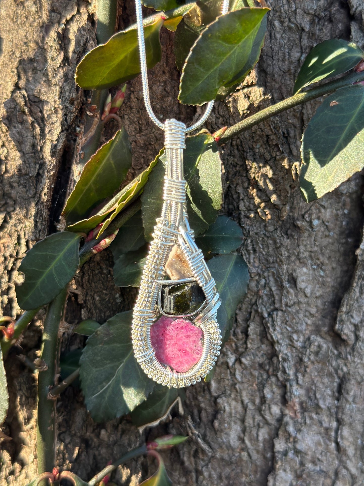 Love & Reverence Raw Ruby, Green Tourmaline Chert Microcrystalline Quartz in Sterling Silver