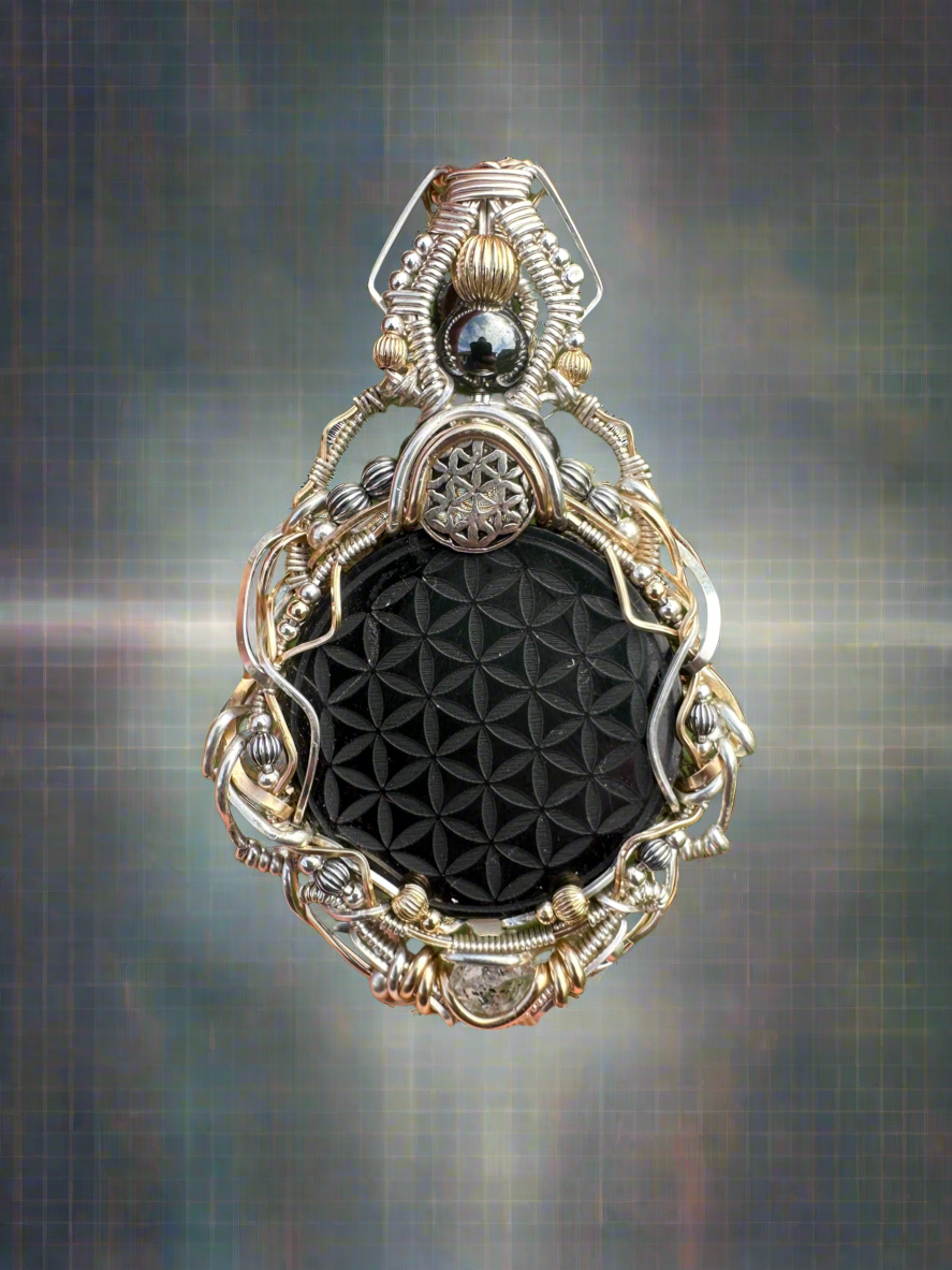 Sacred Shungite 🪬 Flower of Life ✨⚛️✨ Herkimer Diamond 💎 EMF Protection 📵🛜📵 Pendant