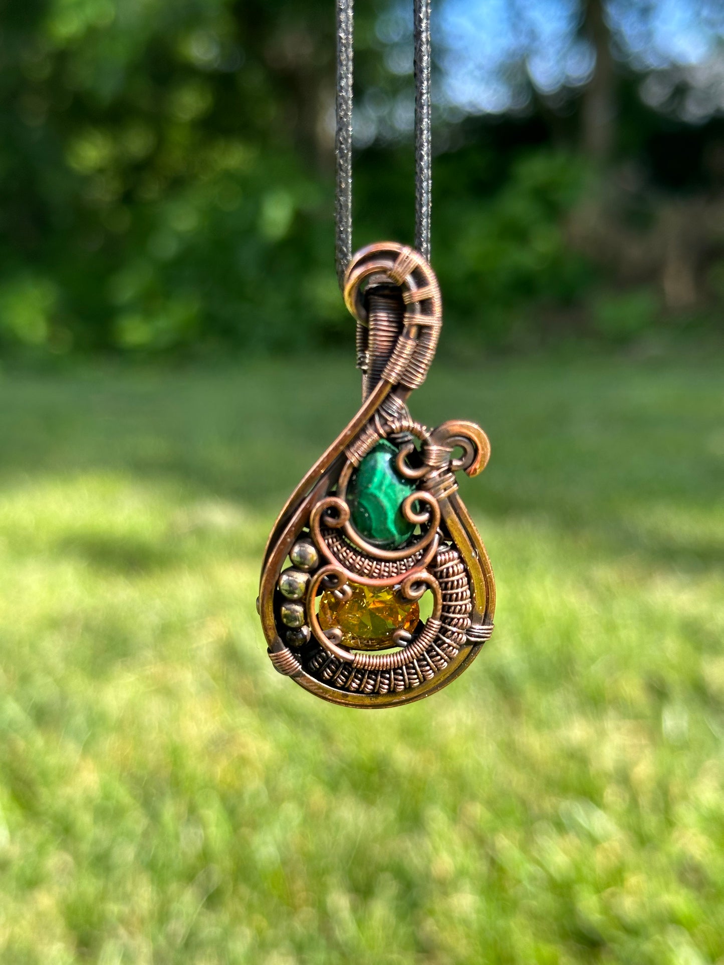 Golden Citrine Diamond & Malachite Pendant