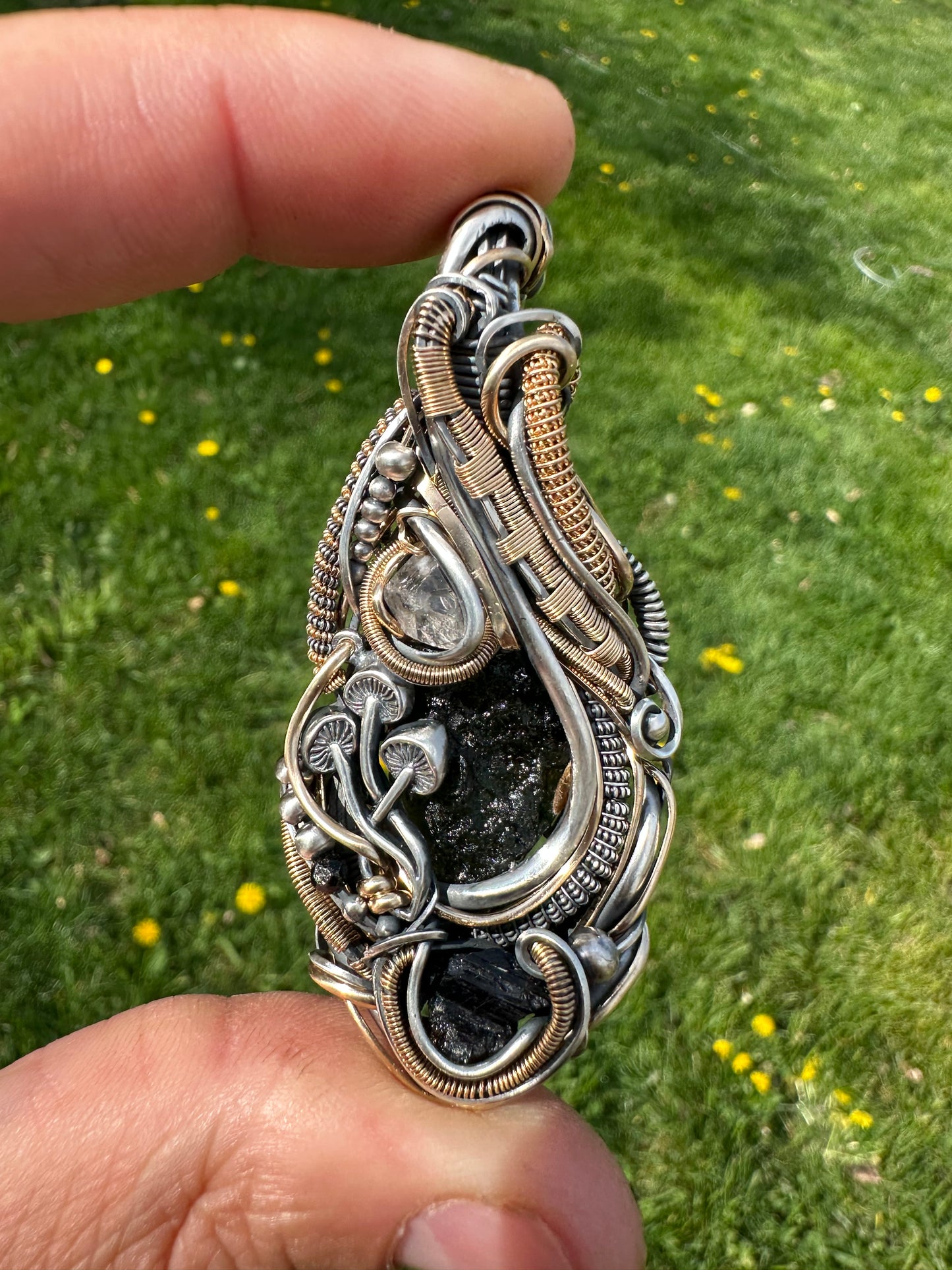 Connect & Protect 🙌✨👽 ✨🙌Moldavite, Herkimer Diamond, Black Tourmaline 🪬 Talisman Pendant .925 Silver & 14k Gold Fill