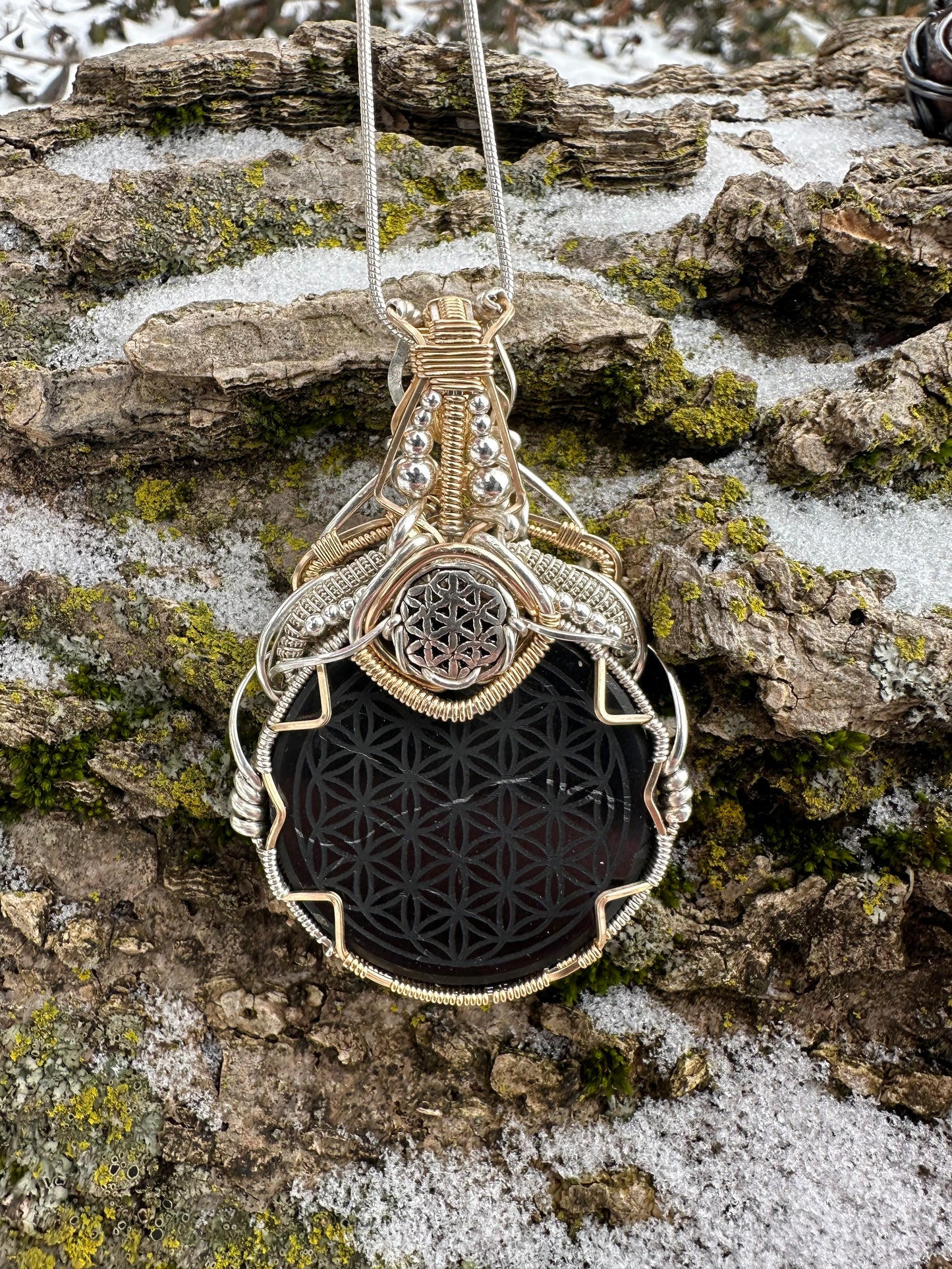 Shungite Flower of Life Sterling Silver & Gold Pendant