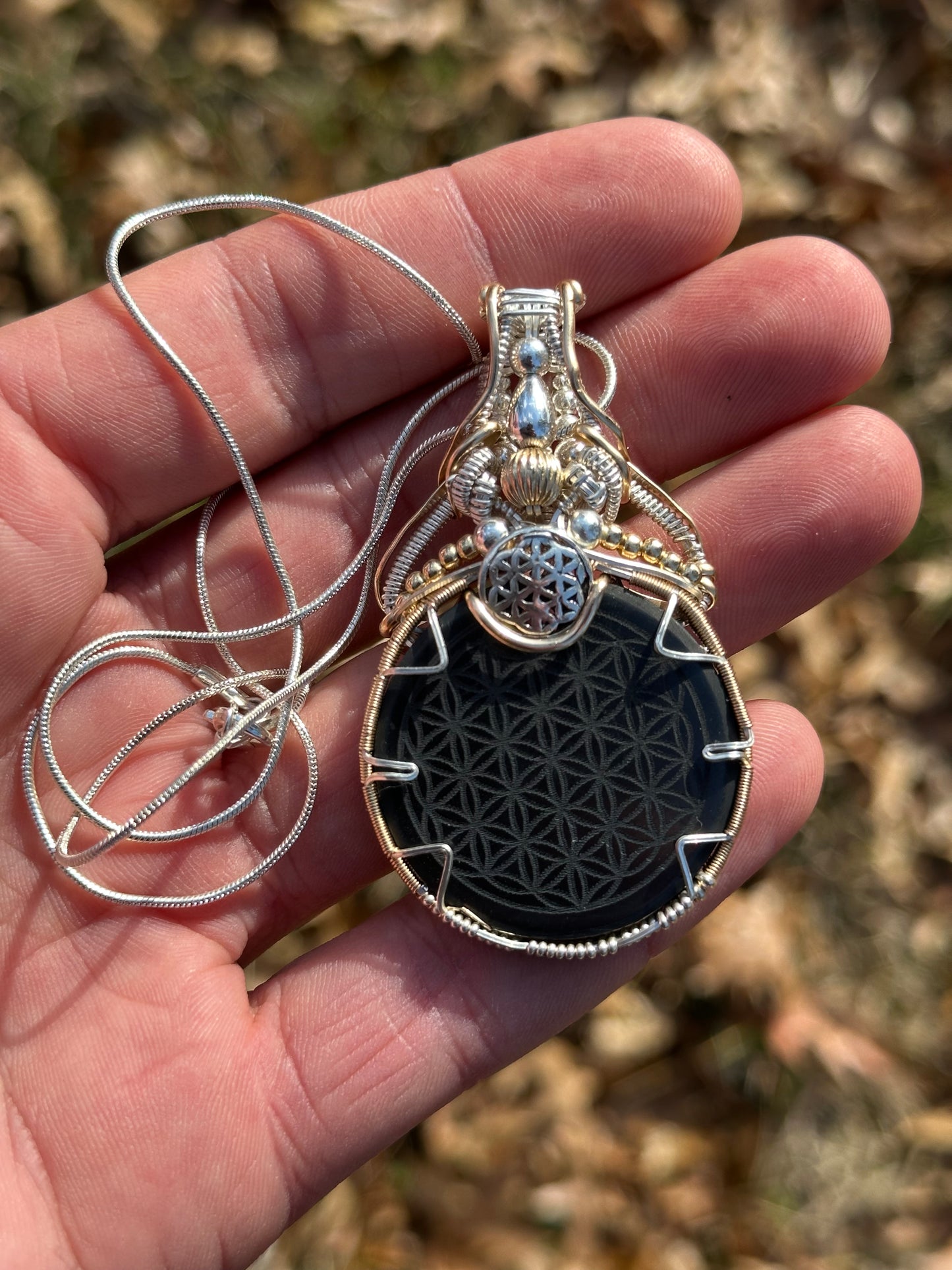Shungite Flower of Life Silver & Gold Pendant