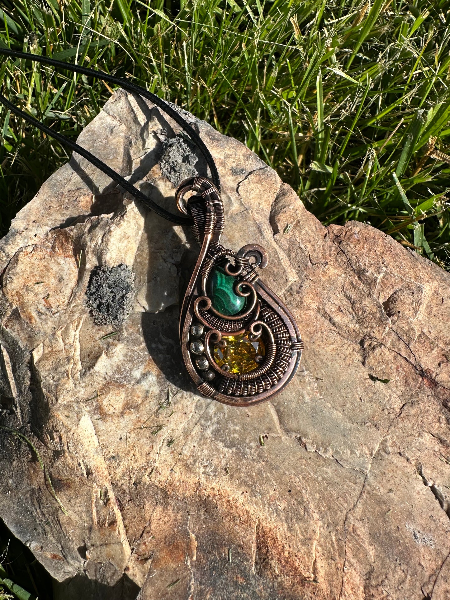Golden Citrine Diamond & Malachite Pendant