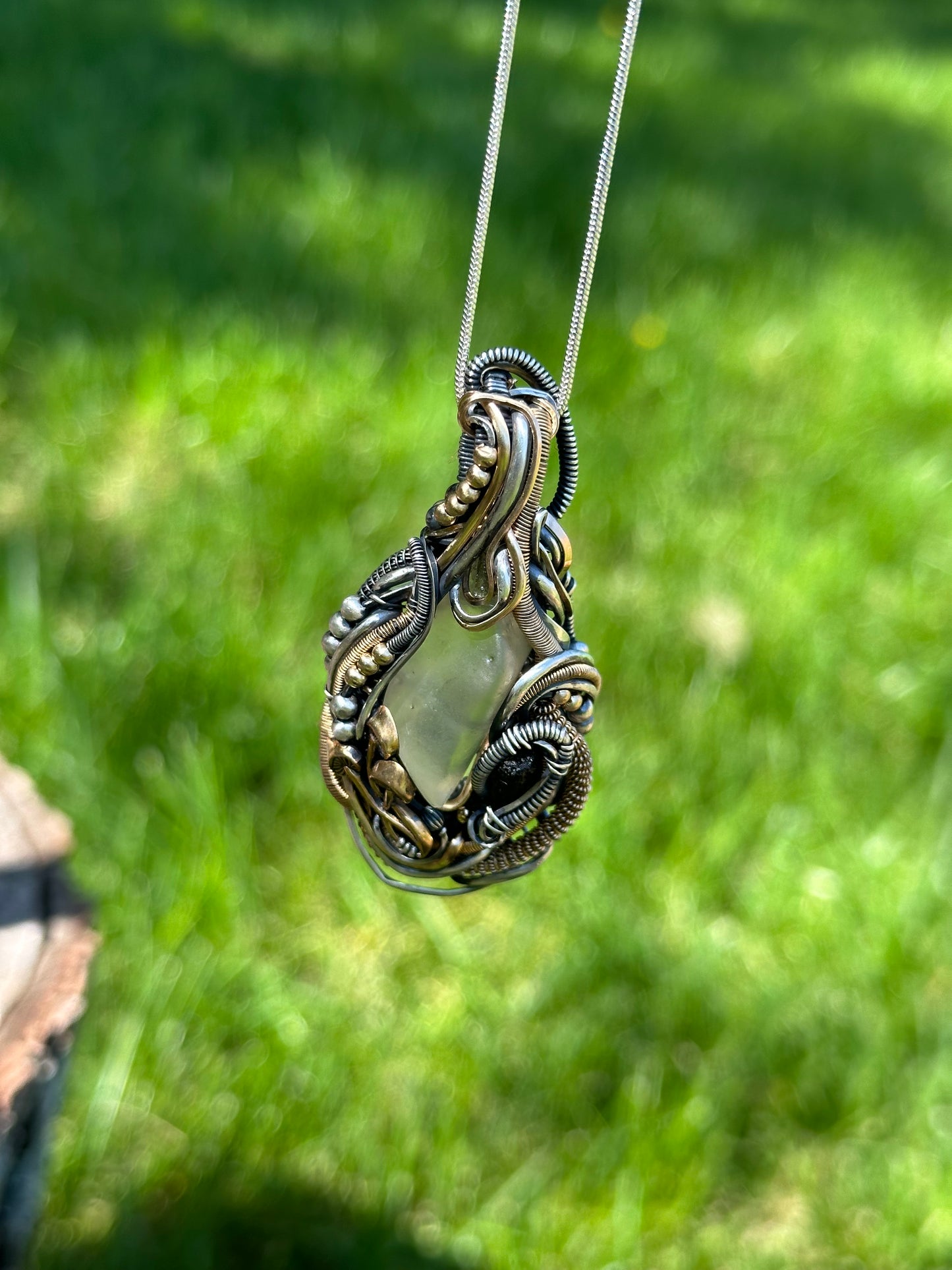 Moldavite, Libyan Desert Glass Silver & Gold Pendant