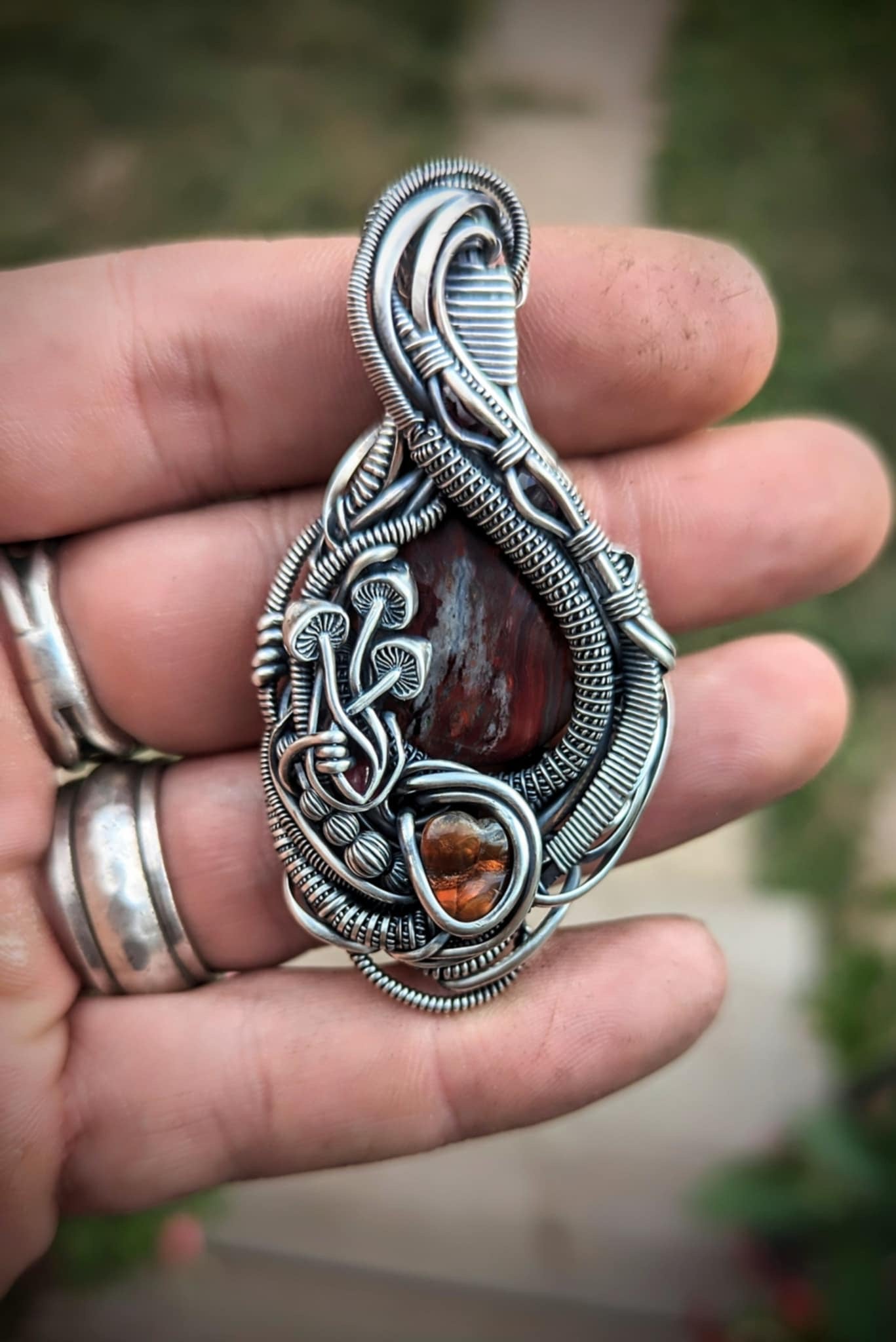 Fire 🔥 & Crazy Lace Agate Sterling Silver Earth Elements Pendant
