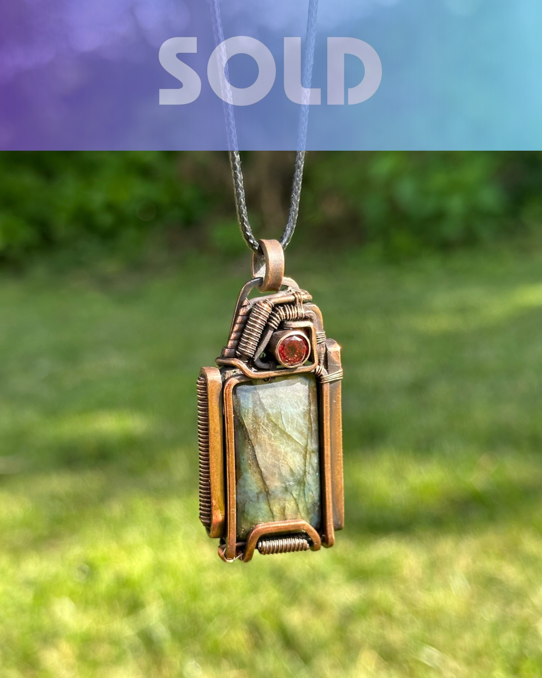 Labradorite & Red Garnet Pendant, Oxidized Copper Pendant