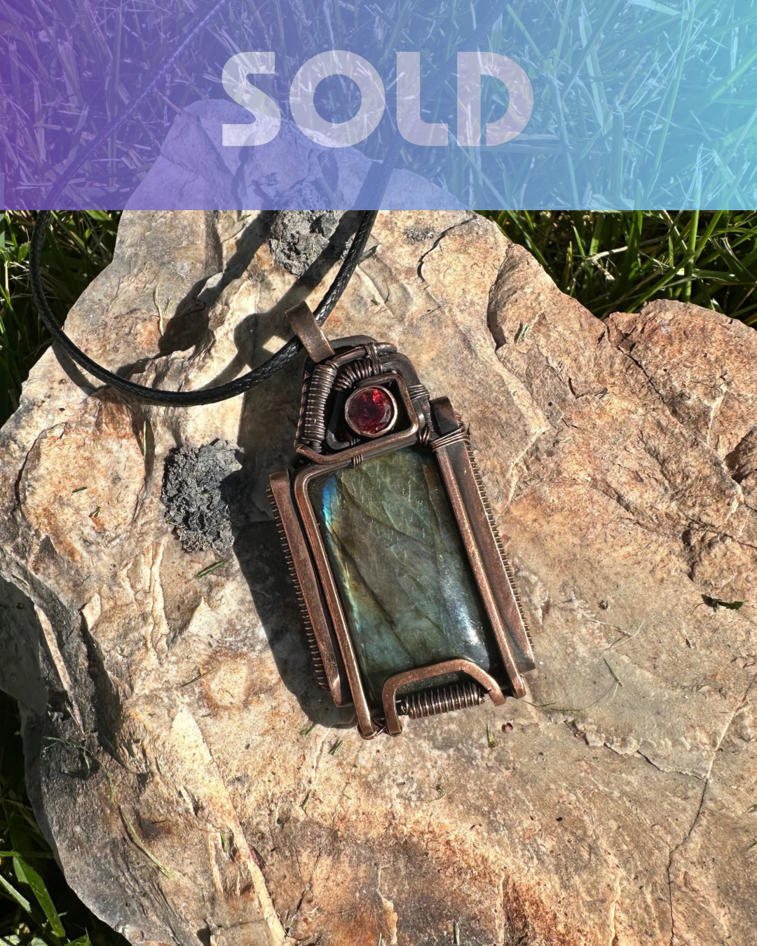 Labradorite & Red Garnet Pendant, Oxidized Copper Pendant