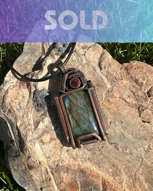 Labradorite & Red Garnet Pendant, Oxidized Copper Pendant