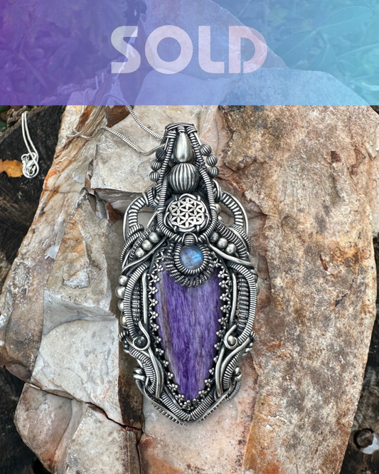 Flower of Life Purple Charoite & Moonstone Pendant