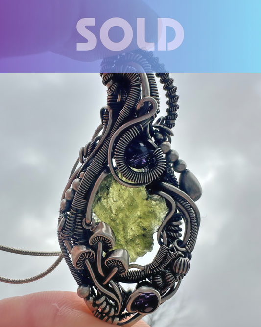 Inner Vision Moldavite, Amethyst & Black Tourmaline Pendant