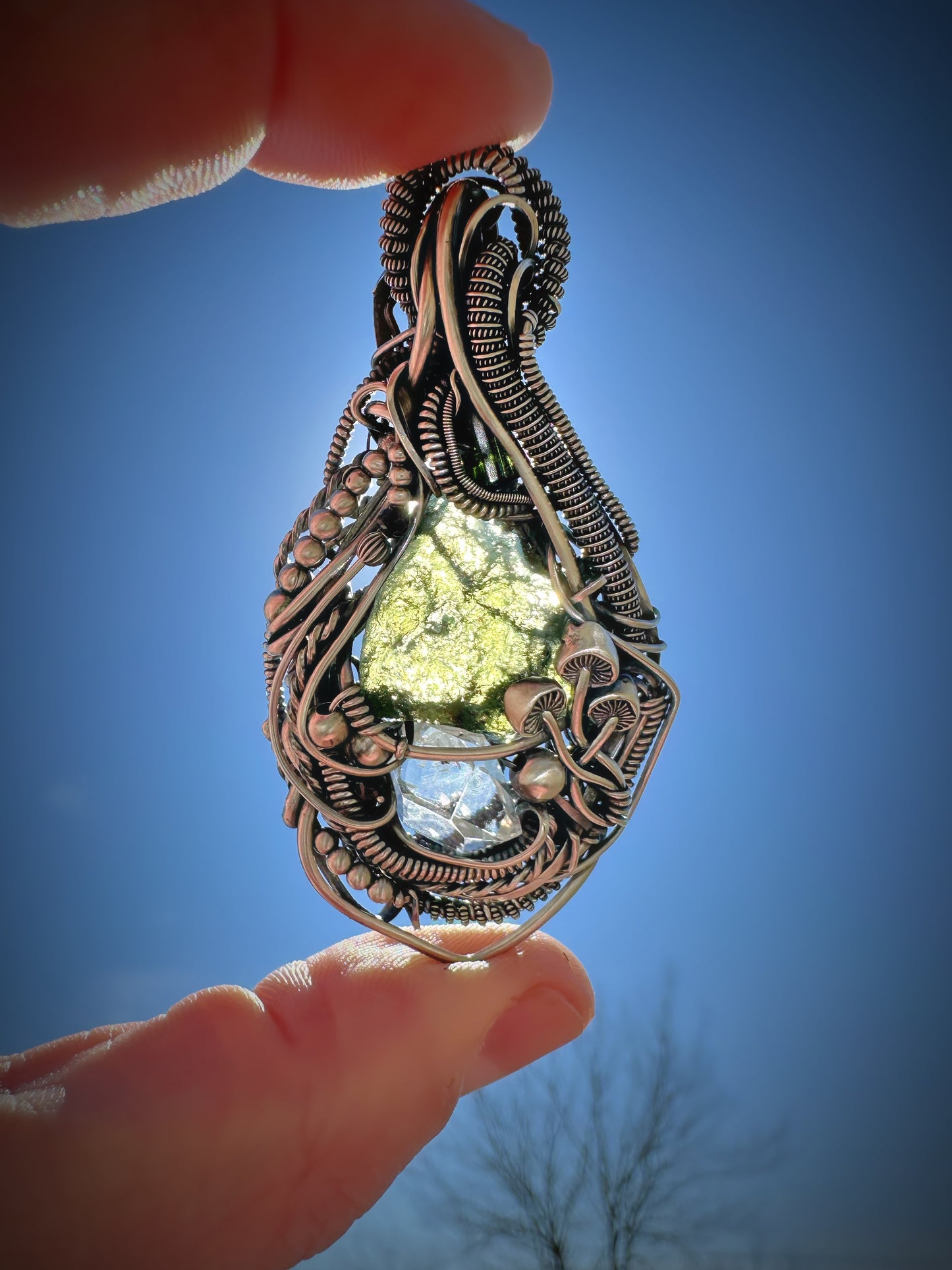 Inner Vision Moldavite, Green Tourmaline & Herkimer Diamond Quartz Pendant in Sterling Silver