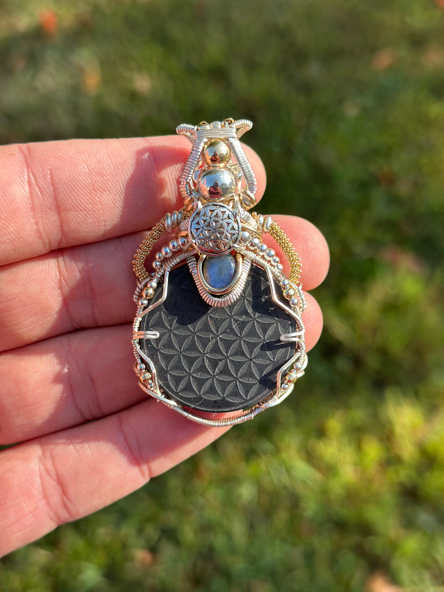 Sacred Shungite ✨ Moonstone 🌓 Flower of Life Sterling Silver & 14k Gold Fill Pendant 🪬 EMF Protection 📵🛜📵