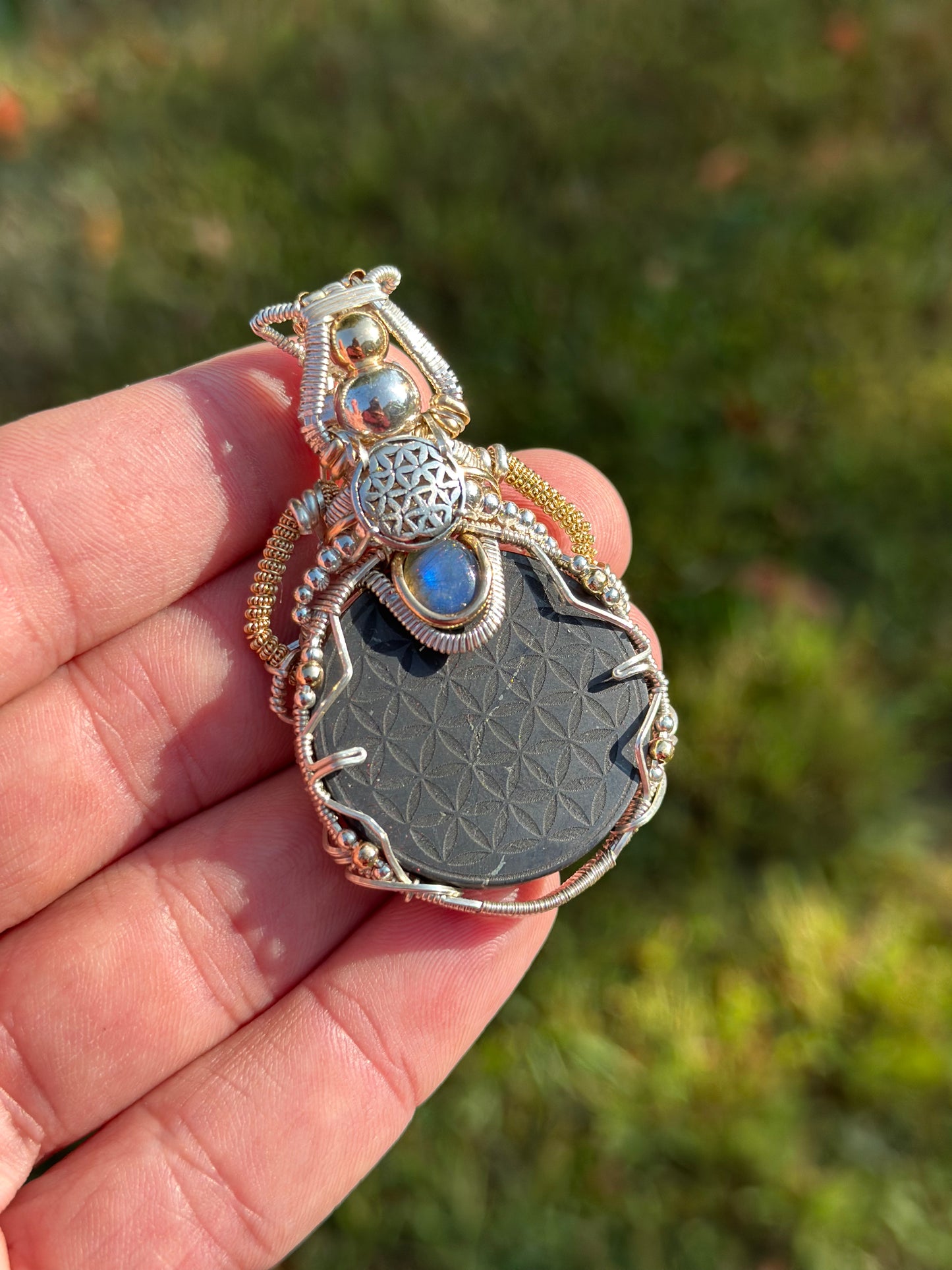 Sacred Shungite ✨ Moonstone 🌓 Flower of Life Sterling Silver & 14k Gold Fill Pendant 🪬 EMF Protection 📵🛜📵