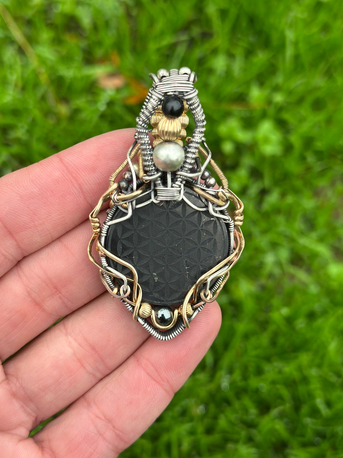 Aztec Divine Balance ✨ Double Sided 14k Gold Fill ✨ Sterling Silver, Sacred Shungite, Flower of Life EMF Protection 🚫🛜🚫