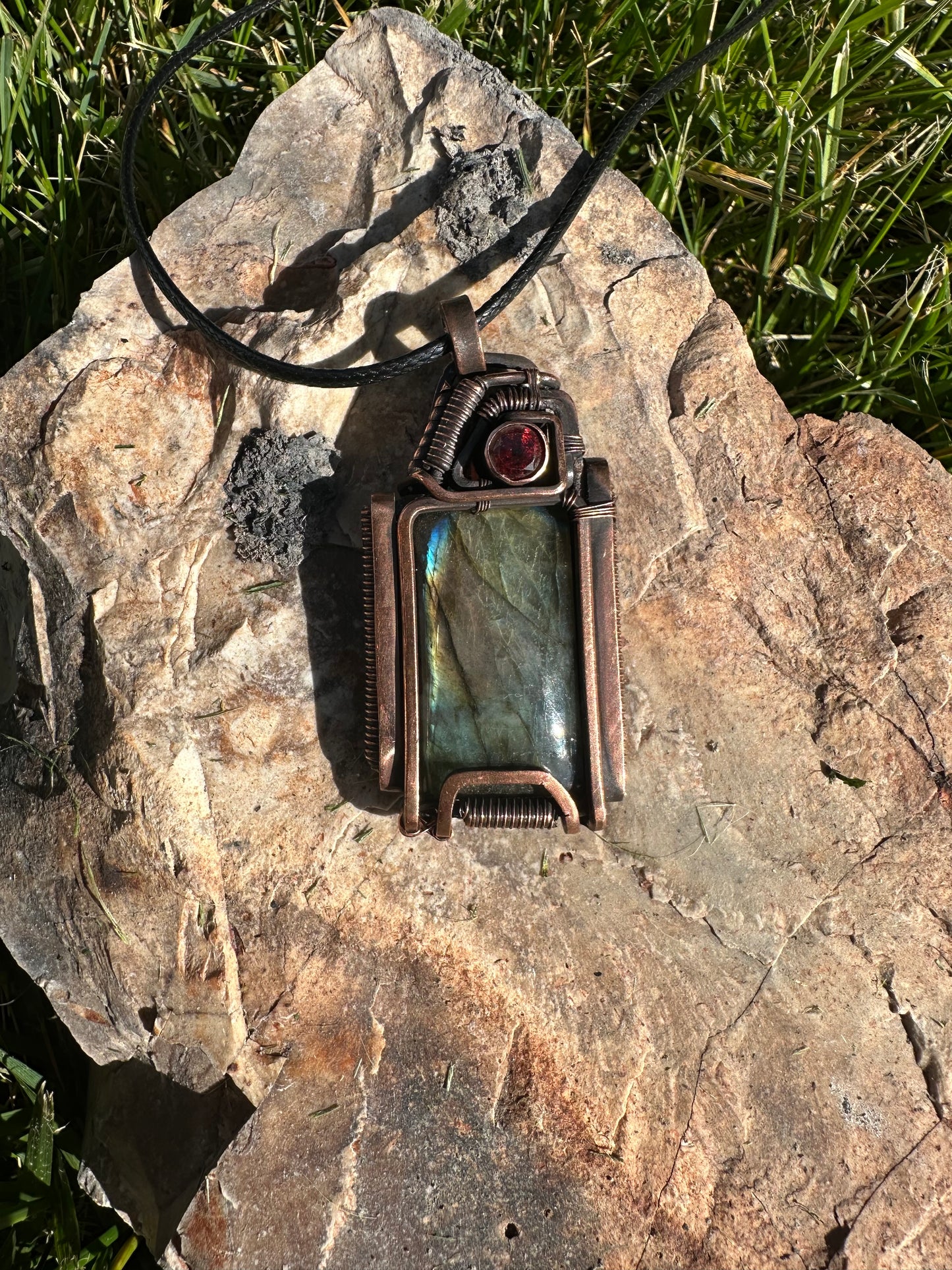 SOLD - Labradorite & Red Garnet Pendant, Oxidized Copper Pendant