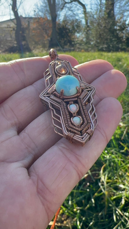 Portal Talisman 🪬 🕳️🛸👽 Copper Tech Key Pendant, Sunstone, Larimer & Opals