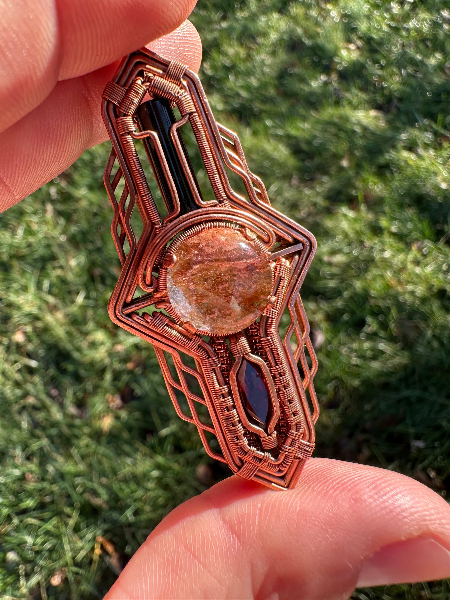 Portal Talisman 🪬 🕳️🛸👽 Copper Tech Key Pendant, Tourmaline & Garnet Crystals