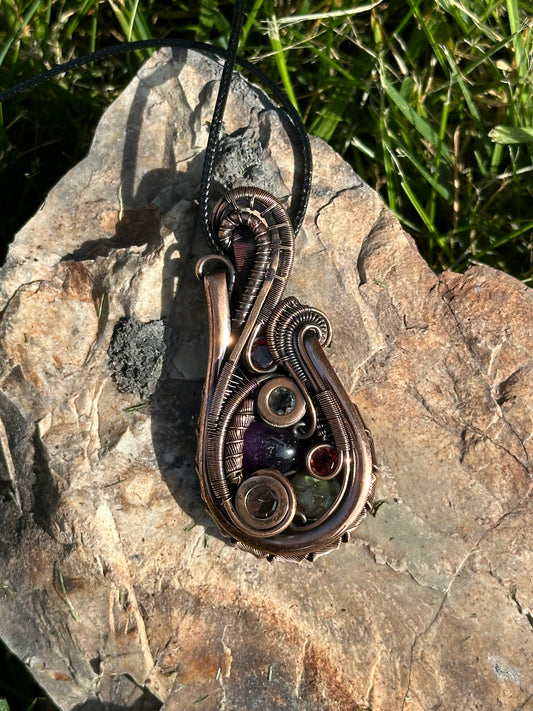 Celestial Courage Copper Wire Wrap Pendant w/Garnet, Labradorite, Amethyst, Zircon, Clear Quartz