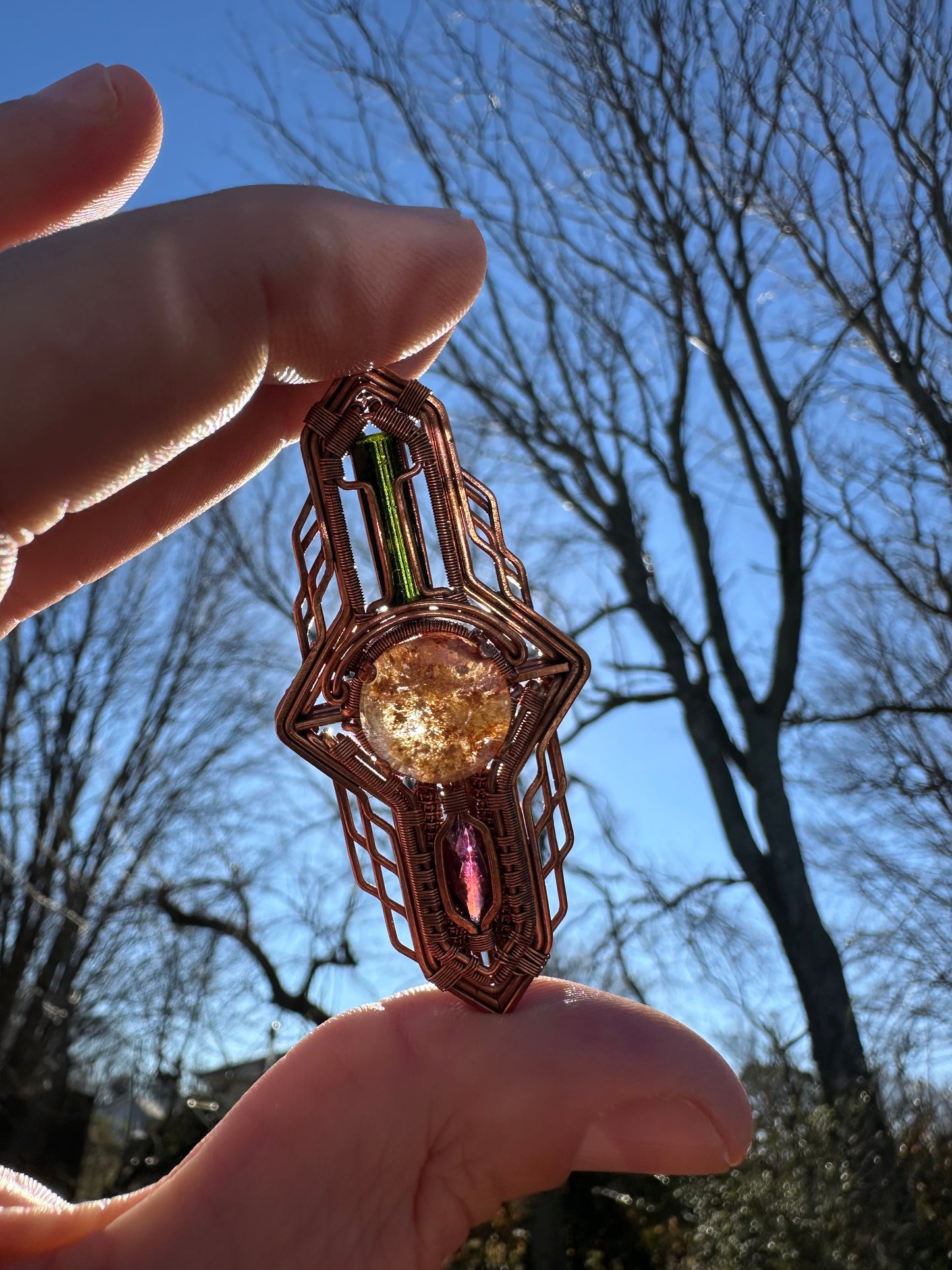 Portal Talisman 🪬 🕳️🛸👽 Copper Tech Key Pendant, Tourmaline & Garnet Crystals
