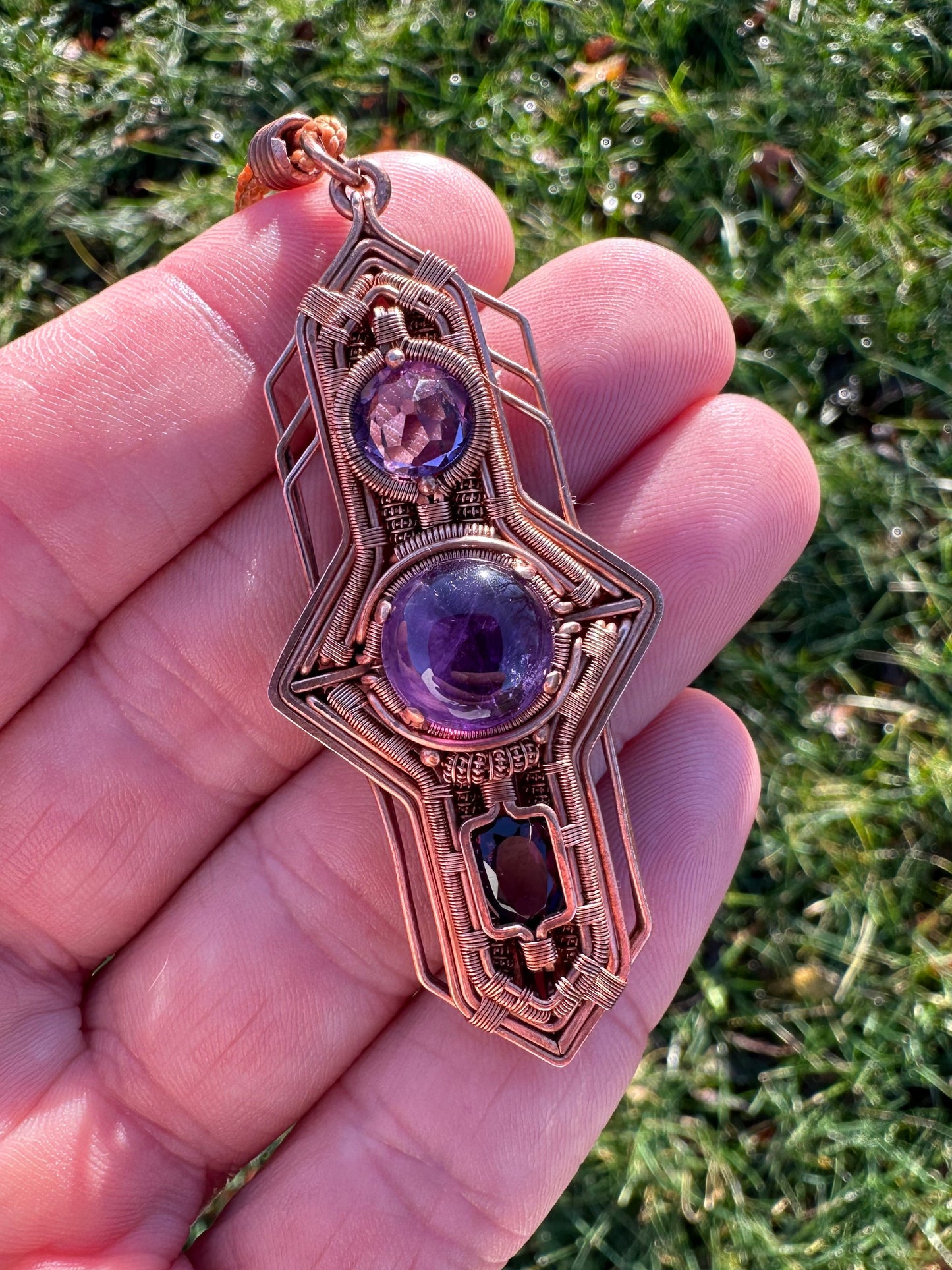 Portal Talisman 🪬 🕳️🛸👽 Copper Tech Key Pendant, Triple Amethyst Crystals