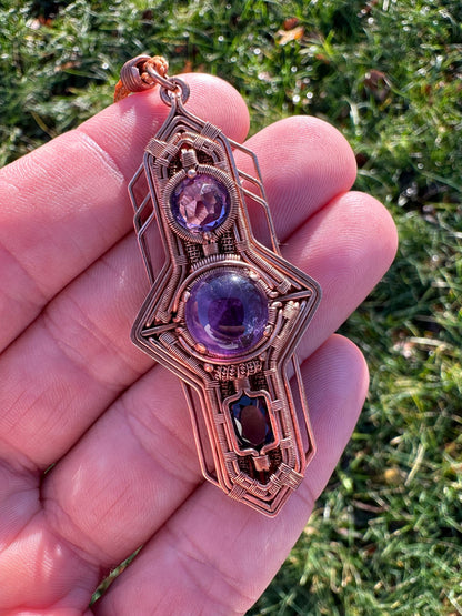 Portal Talisman 🪬 🕳️🛸👽 Copper Tech Key Pendant, Triple Amethyst Crystals