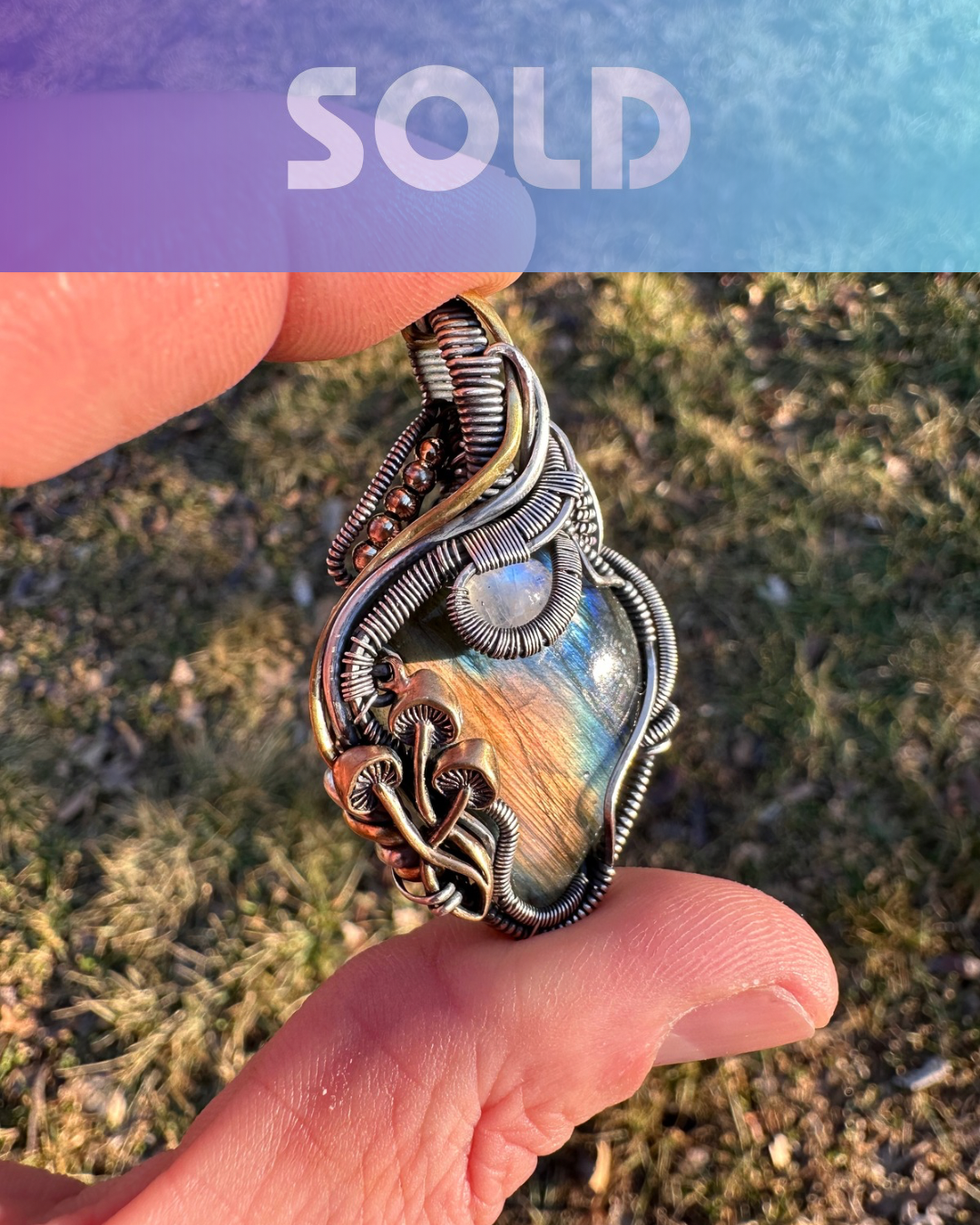 Labradorite & Moonstone Wire Wrapped Pendant with Mushroom Accents - #1