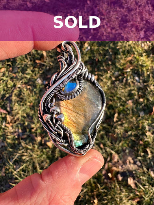 SOLD - Labradorite & Moonstone Wire Wrapped Pendant with Mushroom Accents - #2